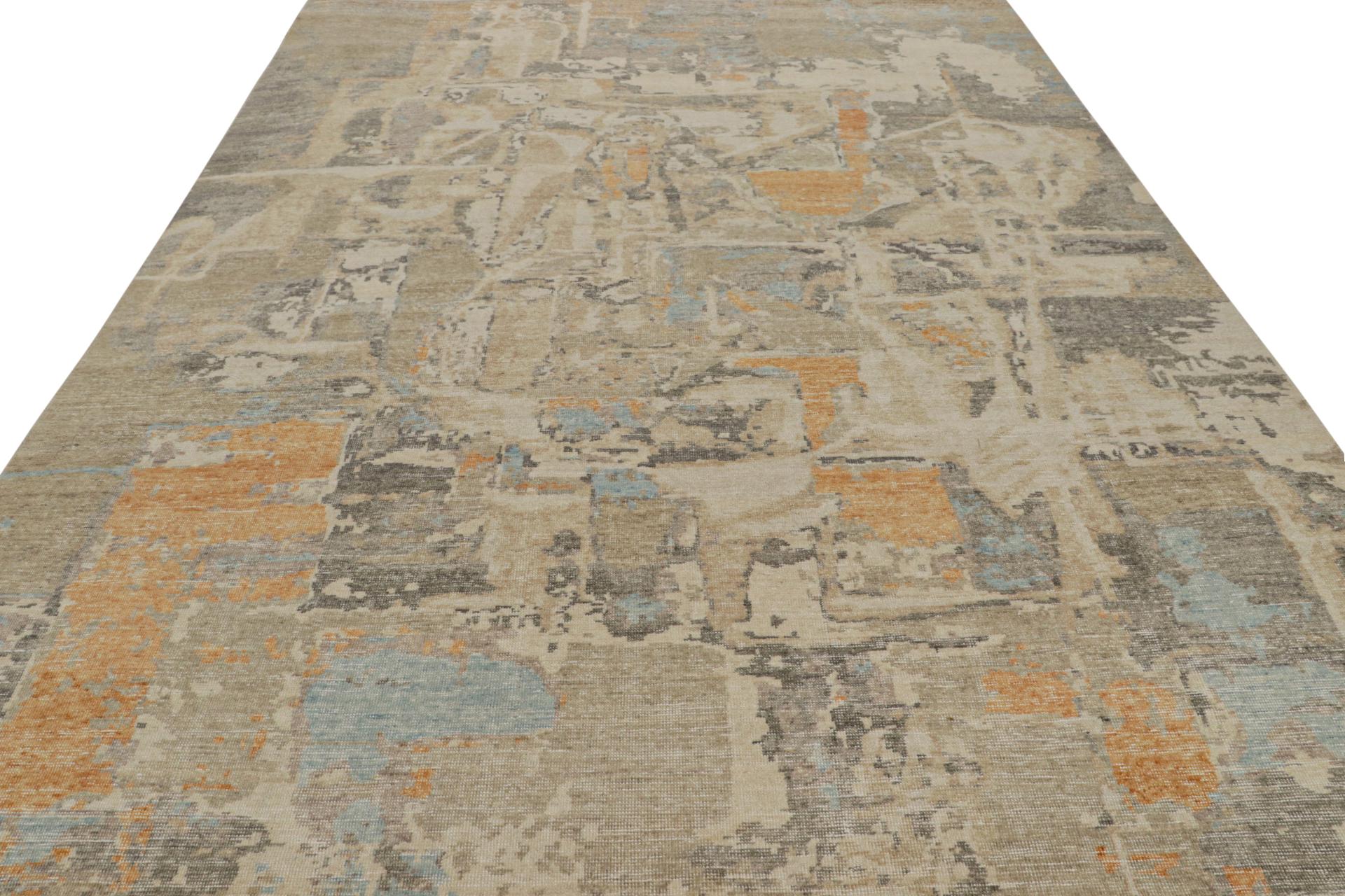 Modern Rug & Kilim’s Distressed Swedish Style Abstract Rug in Beige, Blue and Orange For Sale