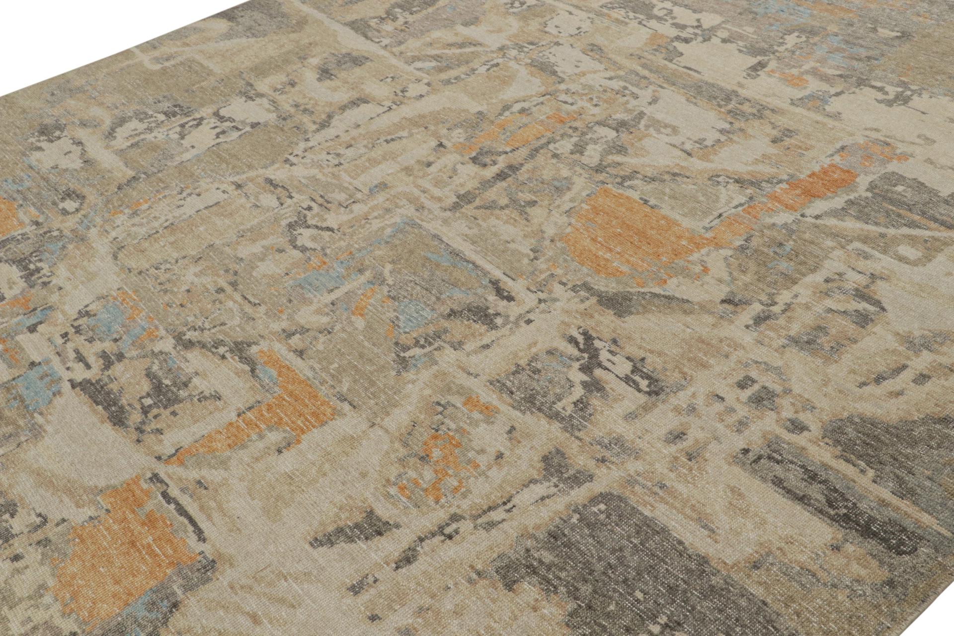 Indien Rug & Kilim's Distressed Swedish Style Abstract Rug in Beige, Blue and Orange (tapis abstrait de style suédois vieilli en beige, bleu et orange) en vente