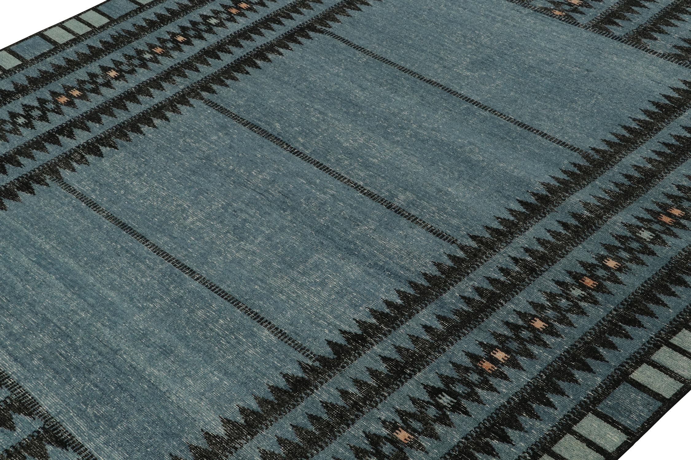 Modern Rug & Kilim’s Distressed Swedish Style Rug in Blue & Black Geometric Pattern For Sale