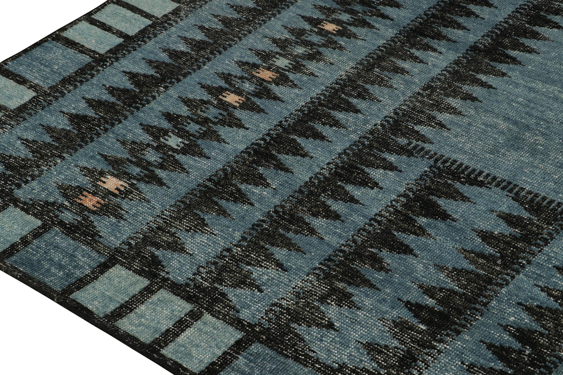 Indian Rug & Kilim’s Distressed Swedish Style Rug in Blue & Black Geometric Pattern For Sale