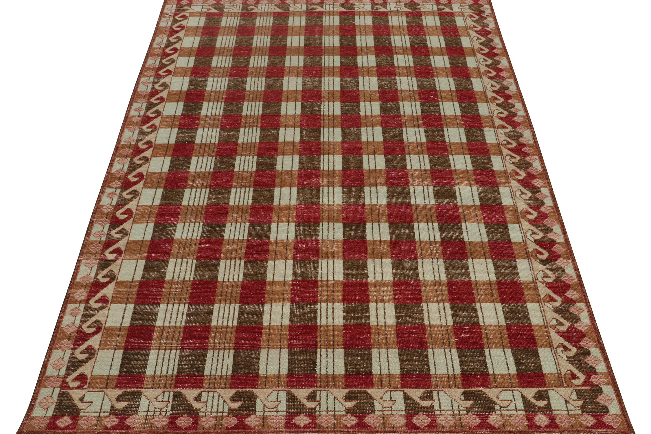 A 6x9 modern rug, hand-knotted in distressed style wool and cotton from Rug & Kilim’s Homage Collection.

Further on the Design:

This design recaptures mid-century Scandinavian rug designs, and favors red and brown geometric patterns with rust and