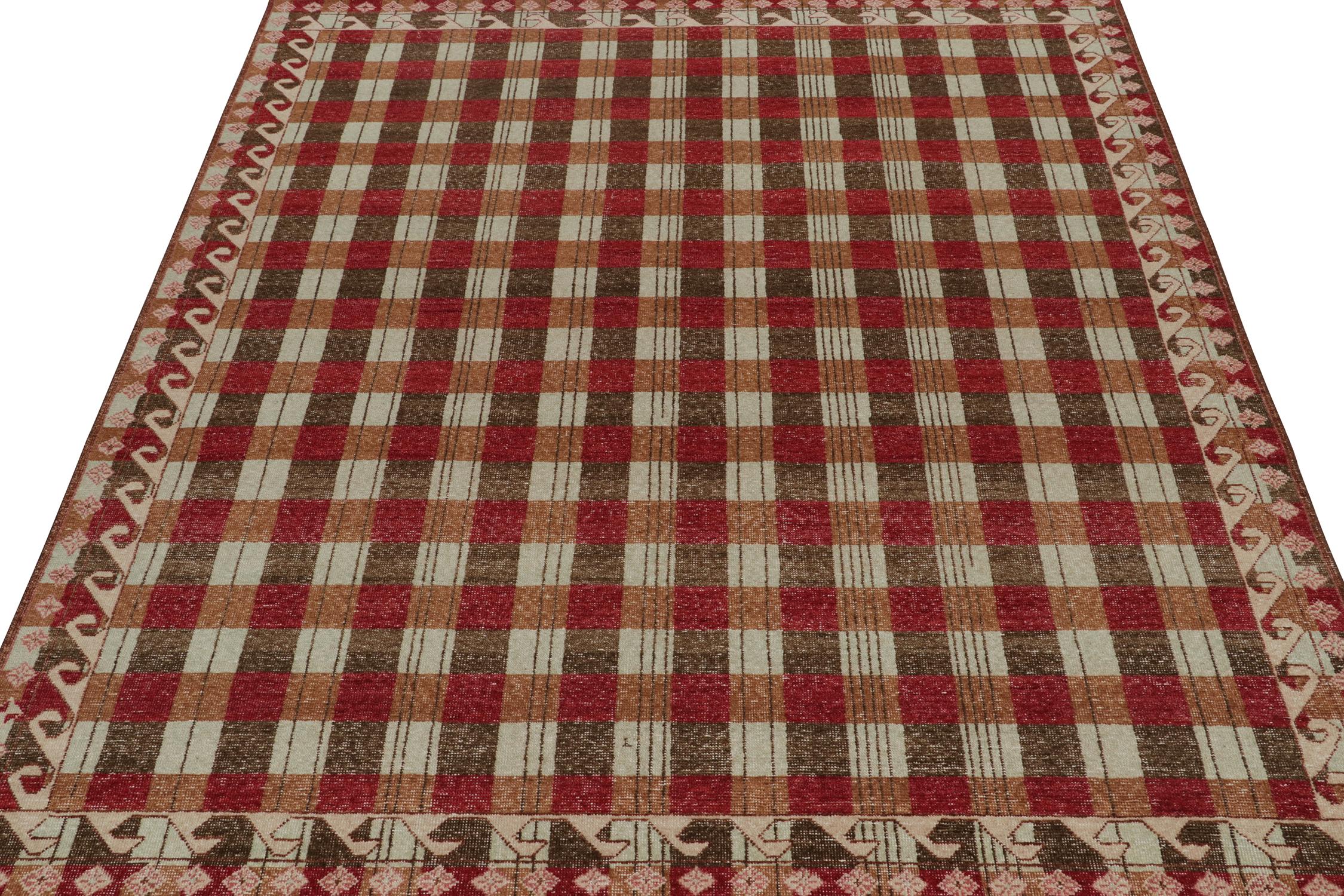 An 8x10 modern rug, hand-knotted in distressed style wool and cotton from Rug & Kilim’s Homage Collection.

Further on the Design:
This design recaptures mid-century Scandinavian rug designs, and favors red and brown geometric patterns with rust and