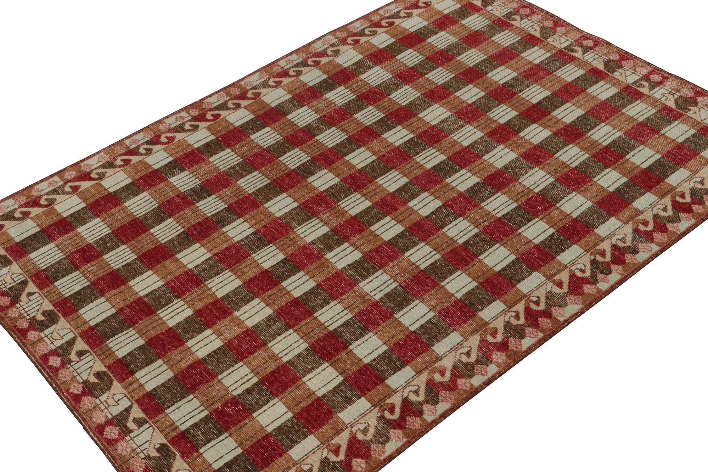Modern Rug & Kilim’s Distressed Swedish Style Rug in Red and Brown Geometric Pattern For Sale