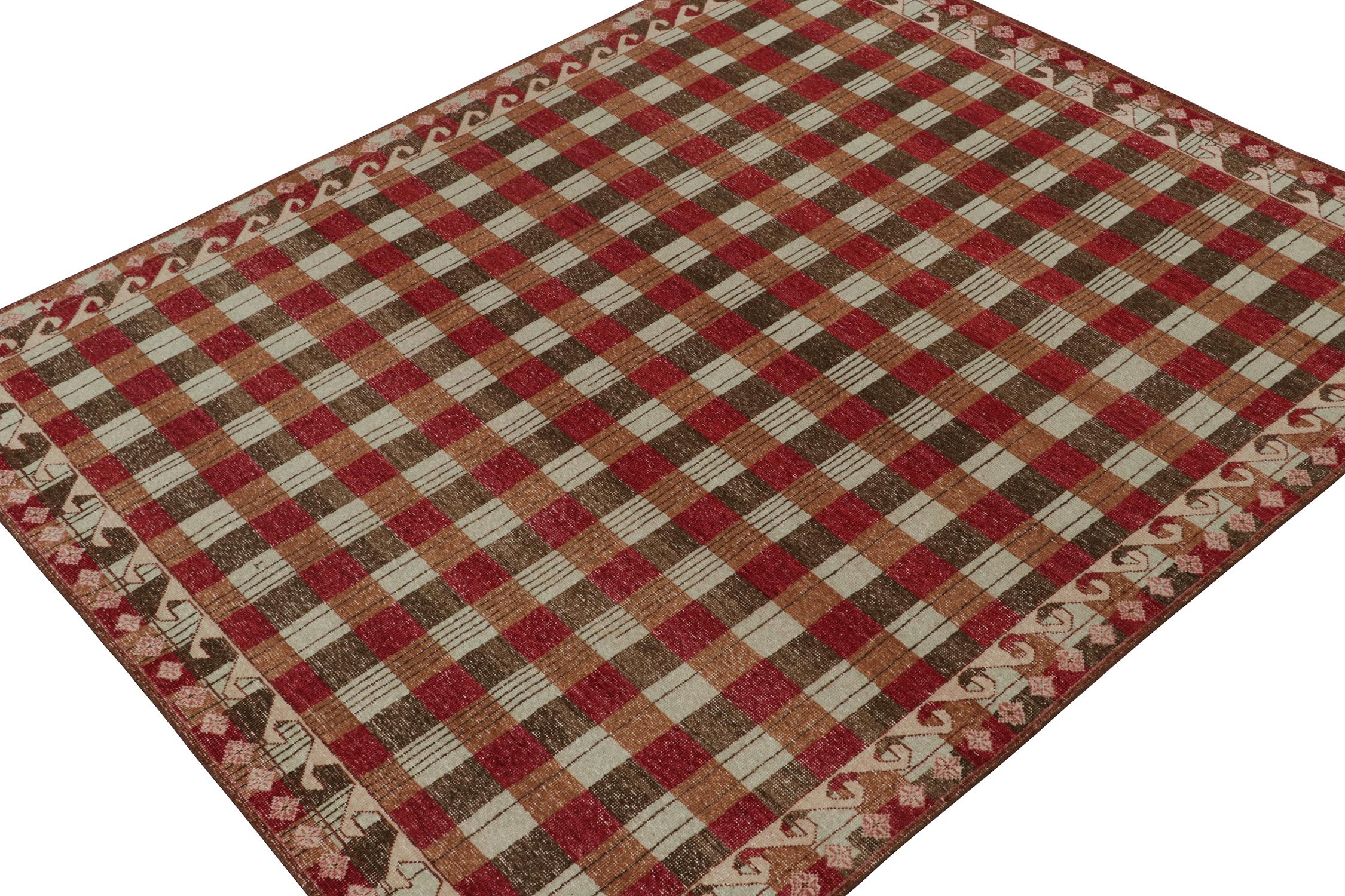 Modern Rug & Kilim’s Distressed Swedish Style Rug in Red and Brown Geometric Pattern For Sale