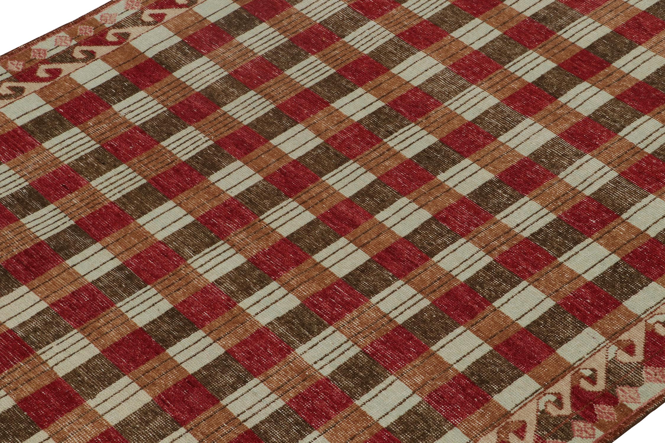Indian Rug & Kilim’s Distressed Swedish Style Rug in Red and Brown Geometric Pattern For Sale