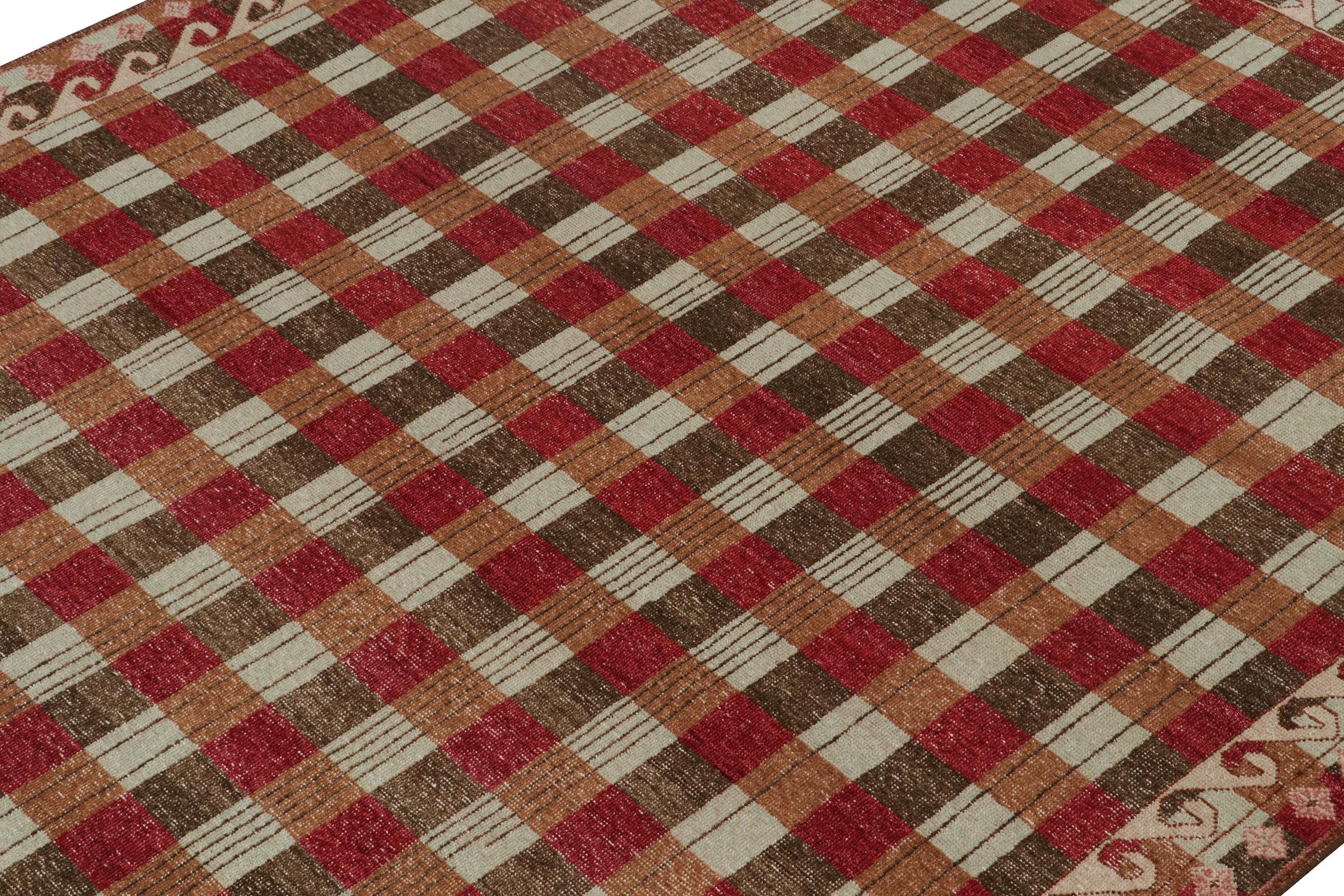 Indian Rug & Kilim’s Distressed Swedish Style Rug in Red and Brown Geometric Pattern For Sale