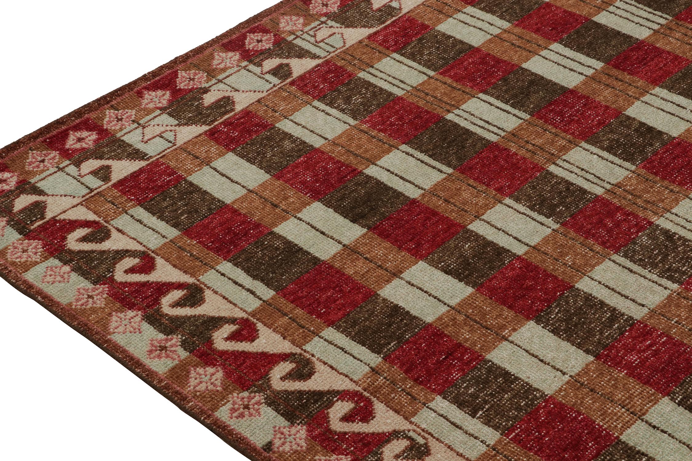 Hand-Knotted Rug & Kilim’s Distressed Swedish Style Rug in Red and Brown Geometric Pattern For Sale