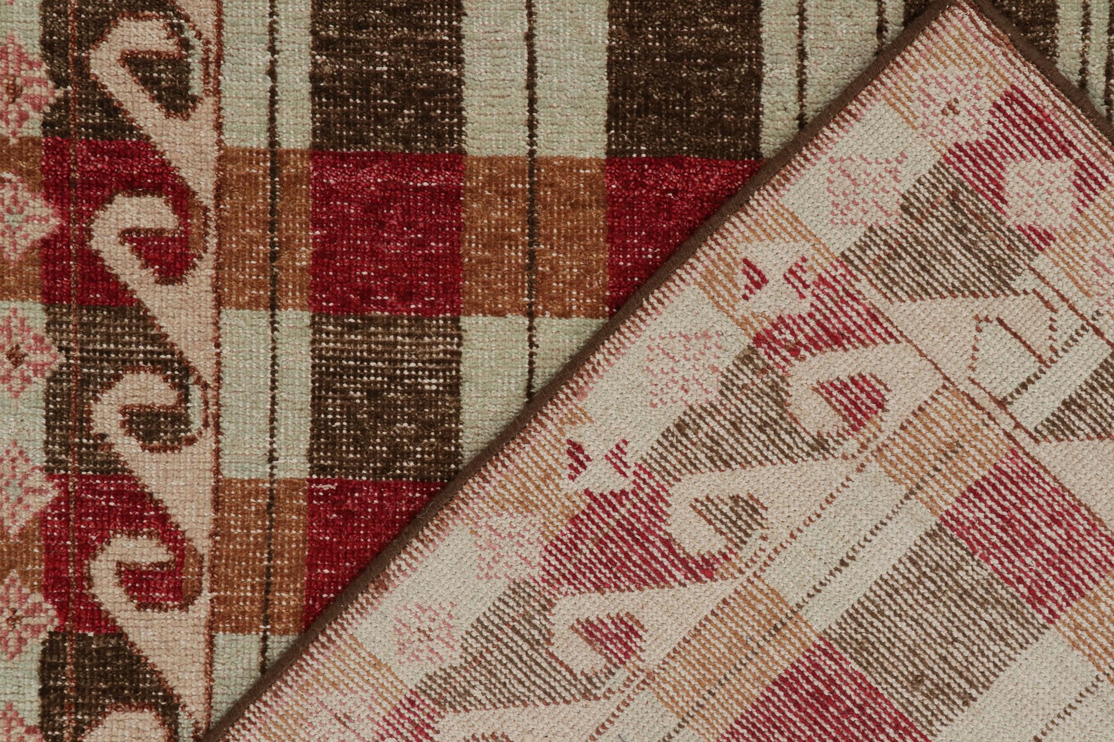 Contemporary Rug & Kilim’s Distressed Swedish Style Rug in Red and Brown Geometric Pattern For Sale