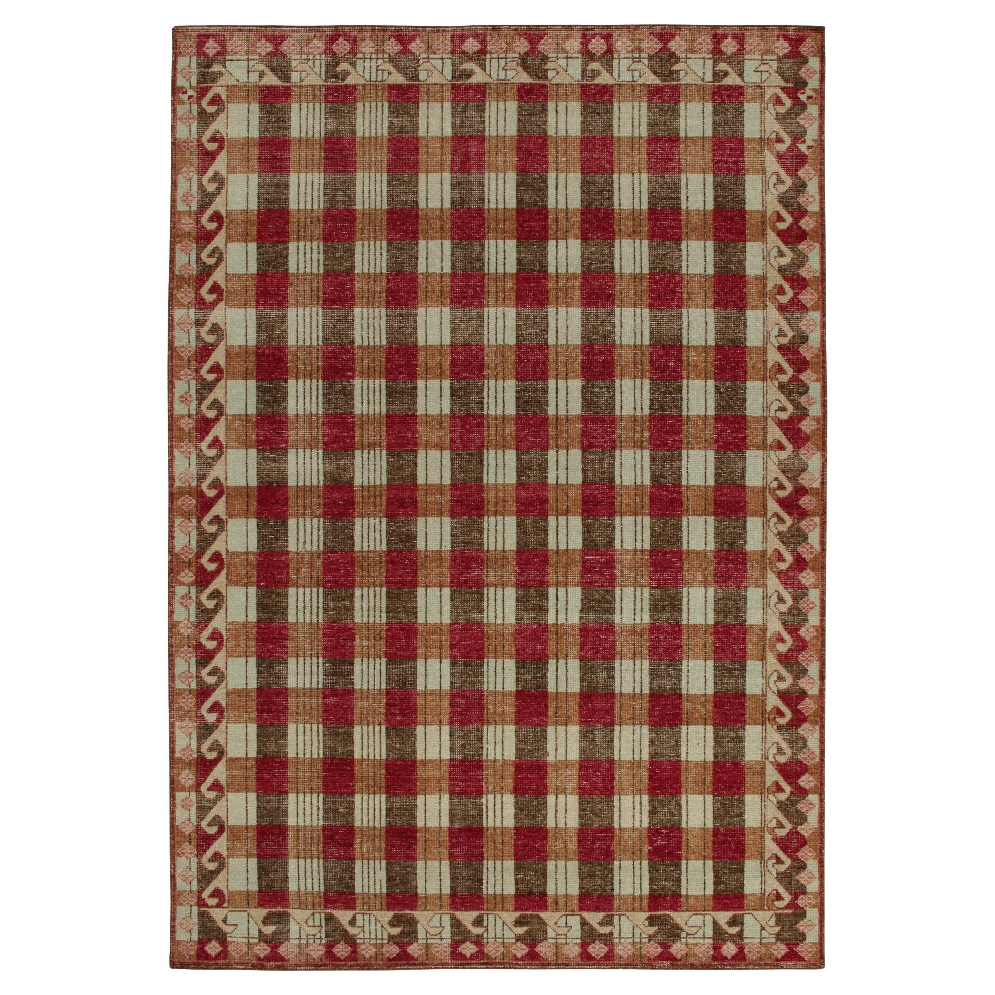 Rug & Kilim’s Distressed Swedish Style Rug in Red and Brown Geometric Pattern For Sale