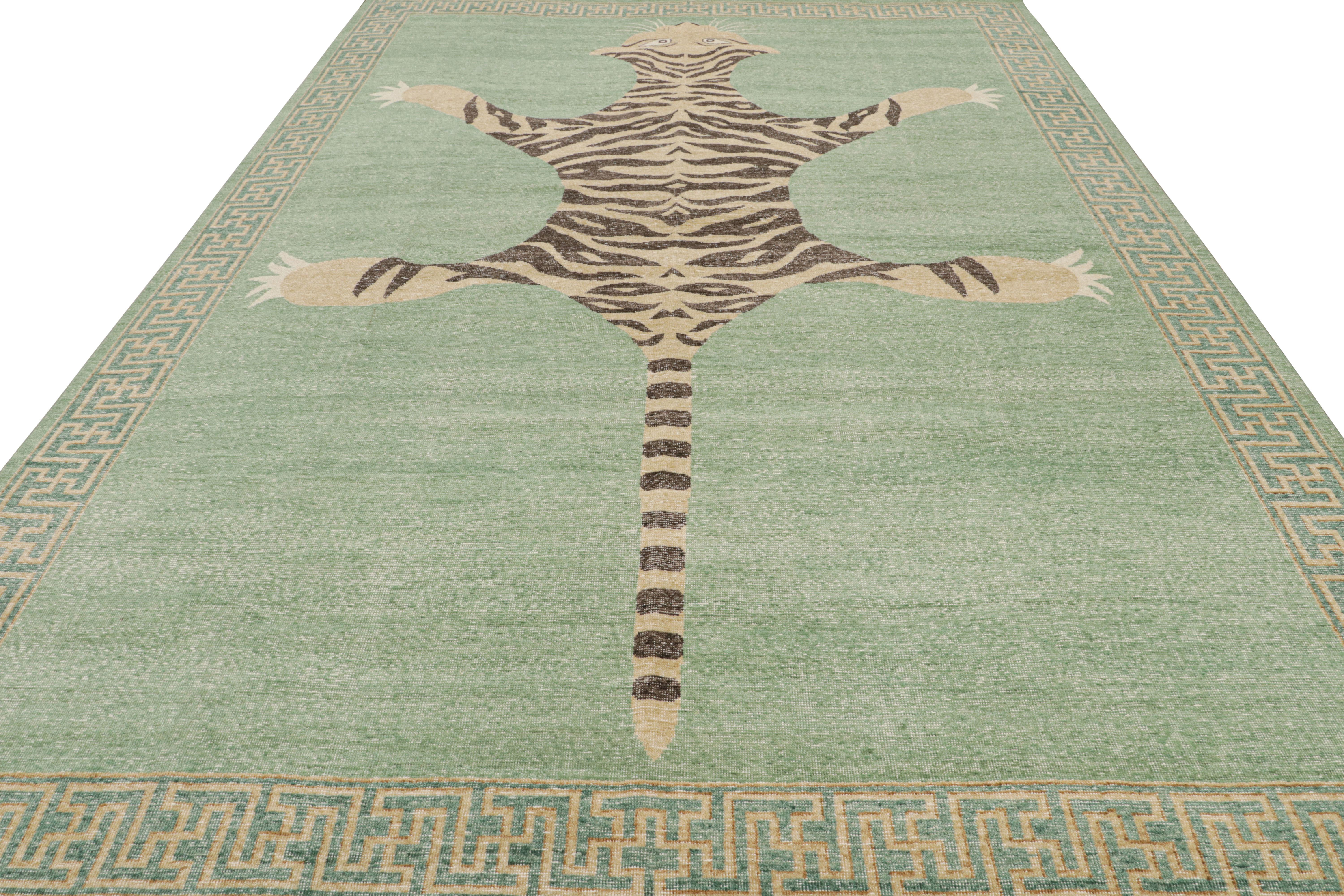 Modern Rug & Kilim’s Distressed Tiger Rug in Green with Beige and Black Pictorial  For Sale