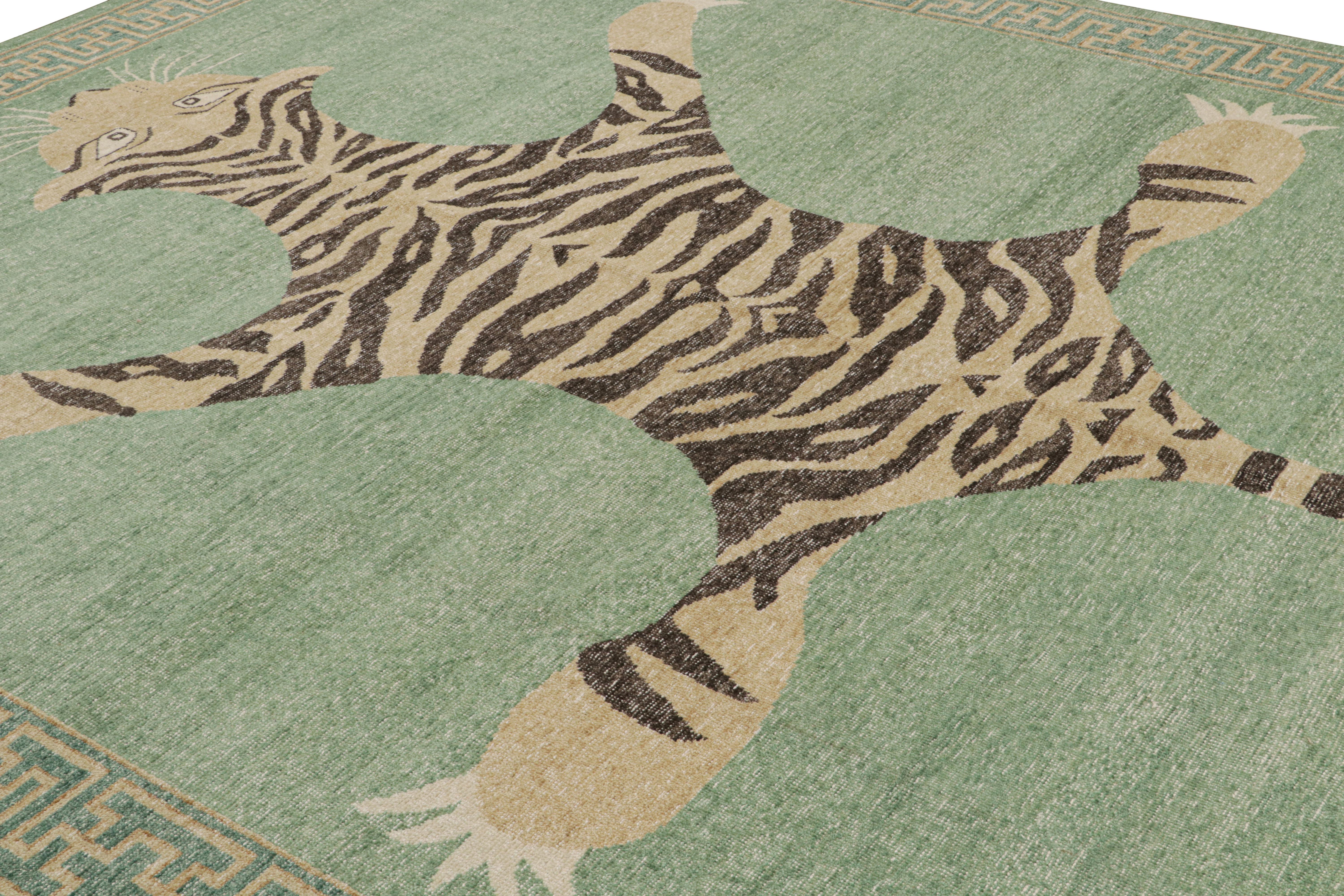 Hand-Knotted Rug & Kilim’s Distressed Tiger Rug in Green with Beige and Black Pictorial  For Sale