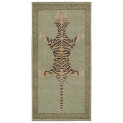 Rug & Kilim’s Distressed Tiger Runner in Green with Beige and Brown Pictorial