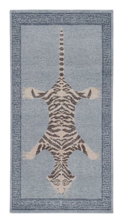 Rug & Kilim’s Distressed Tiger Runner Rug in Blue with Beige and Brown Pictorial