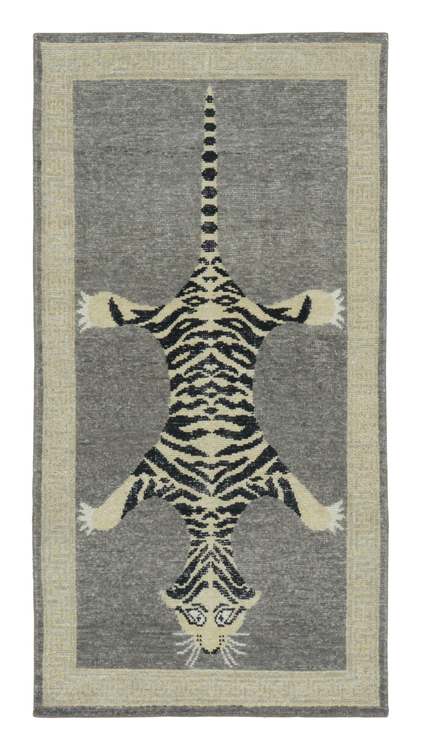 Rug & Kilim’s Distressed Tiger Runner Rug in Gray with Beige and Black Pictorial
