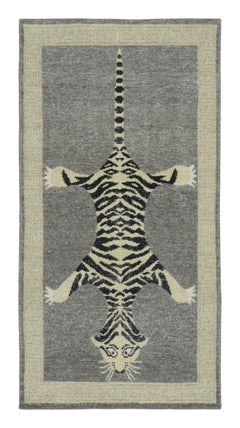 Rug & Kilim’s Distressed Tiger Runner Rug in Gray with Beige and Black Pictorial