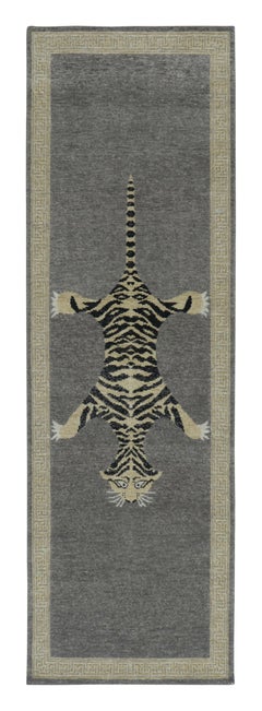 Rug & Kilim’s Distressed Tiger Runner Rug in Gray with Beige and Black Pictorial