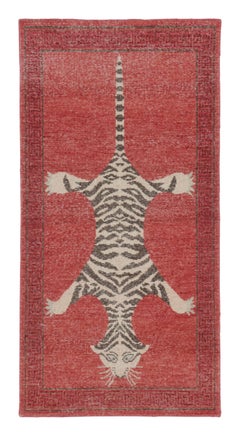 Rug & Kilim’s Distressed Tiger Runner Rug in Red with Beige and Brown Pictorial