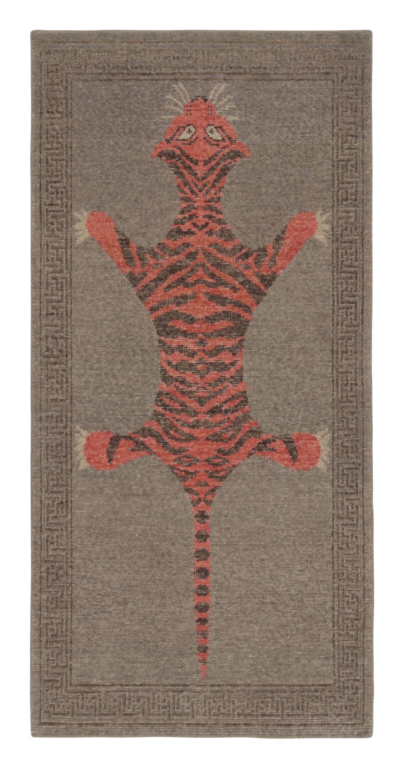 Rug & Kilim’s Distressed Tiger Runner Rug with Gray and Orange Pictorial For Sale