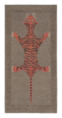 Rug & Kilim’s Distressed Tiger Runner Rug with Gray and Orange Pictorial