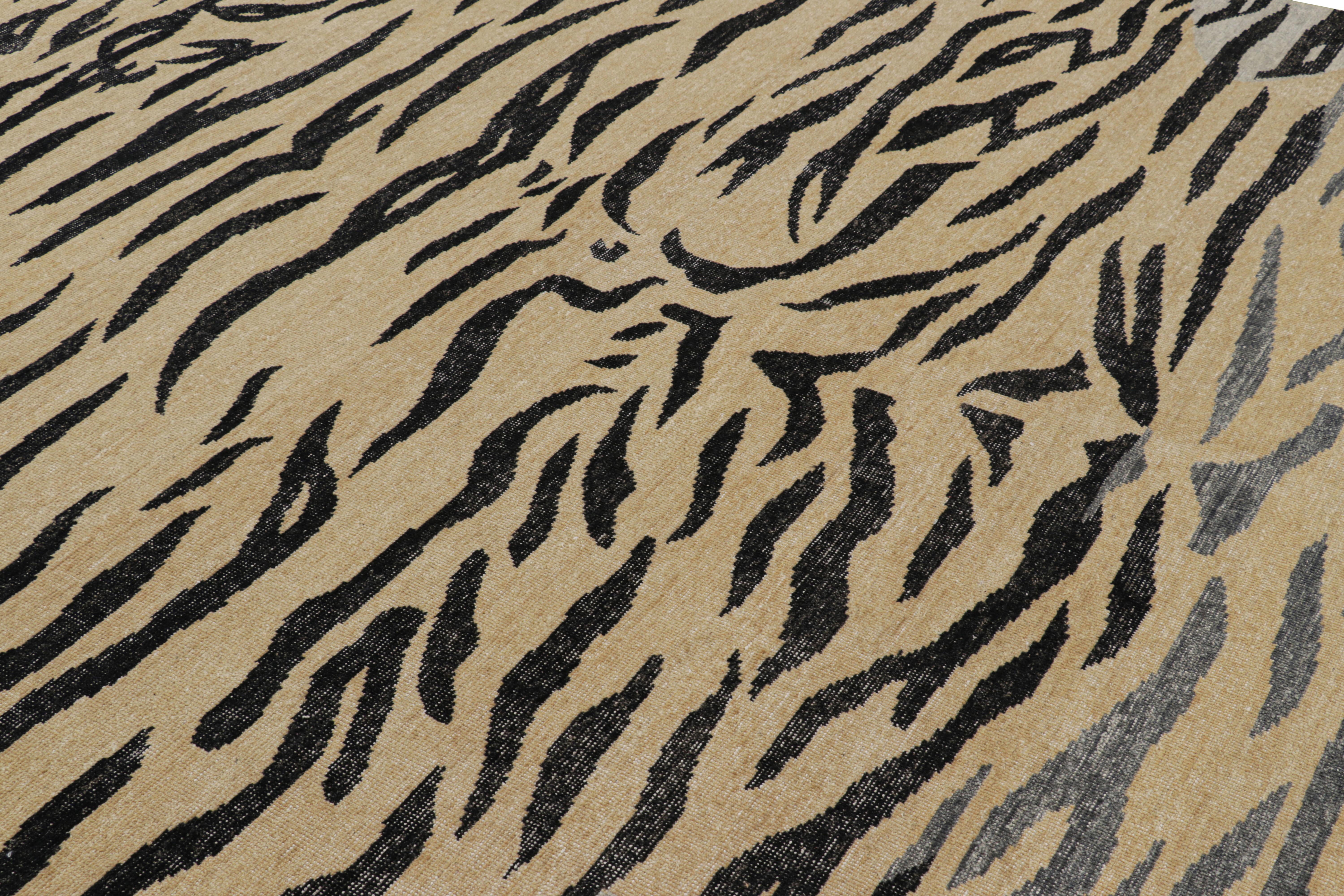 This hand-knotted wool 9x12 tiger rug design is a bold new addition to Rug & Kilim’s Homage Collection. 

On the Design: 

Admirers of the craft will appreciate this rug is inspired by antique Tibetan rug designs—specifically tiger skin rugs, which