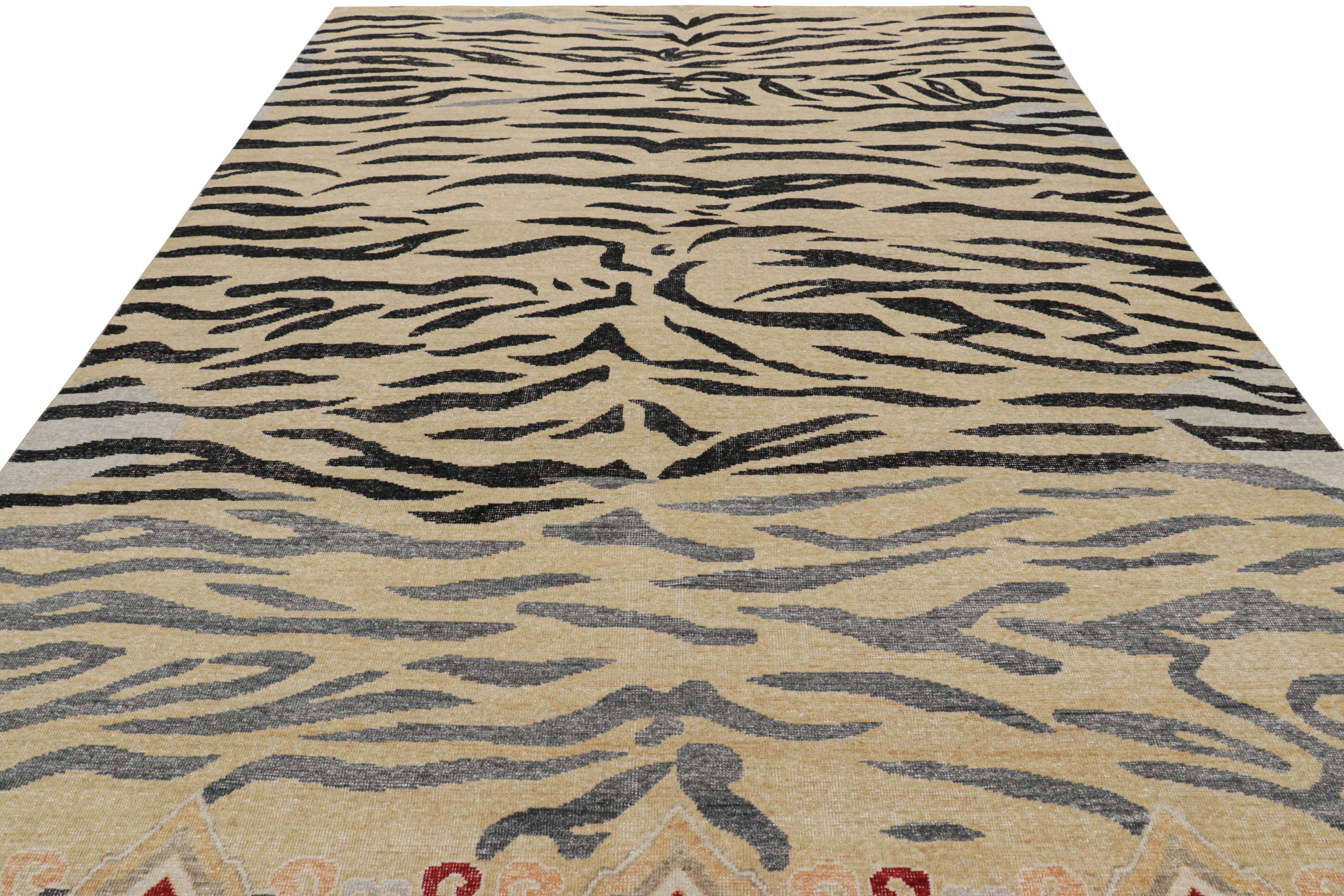 Hand-Knotted Rug & Kilim’s Distressed Tiger Skin Rug in Gold, Black and Gray Tones For Sale