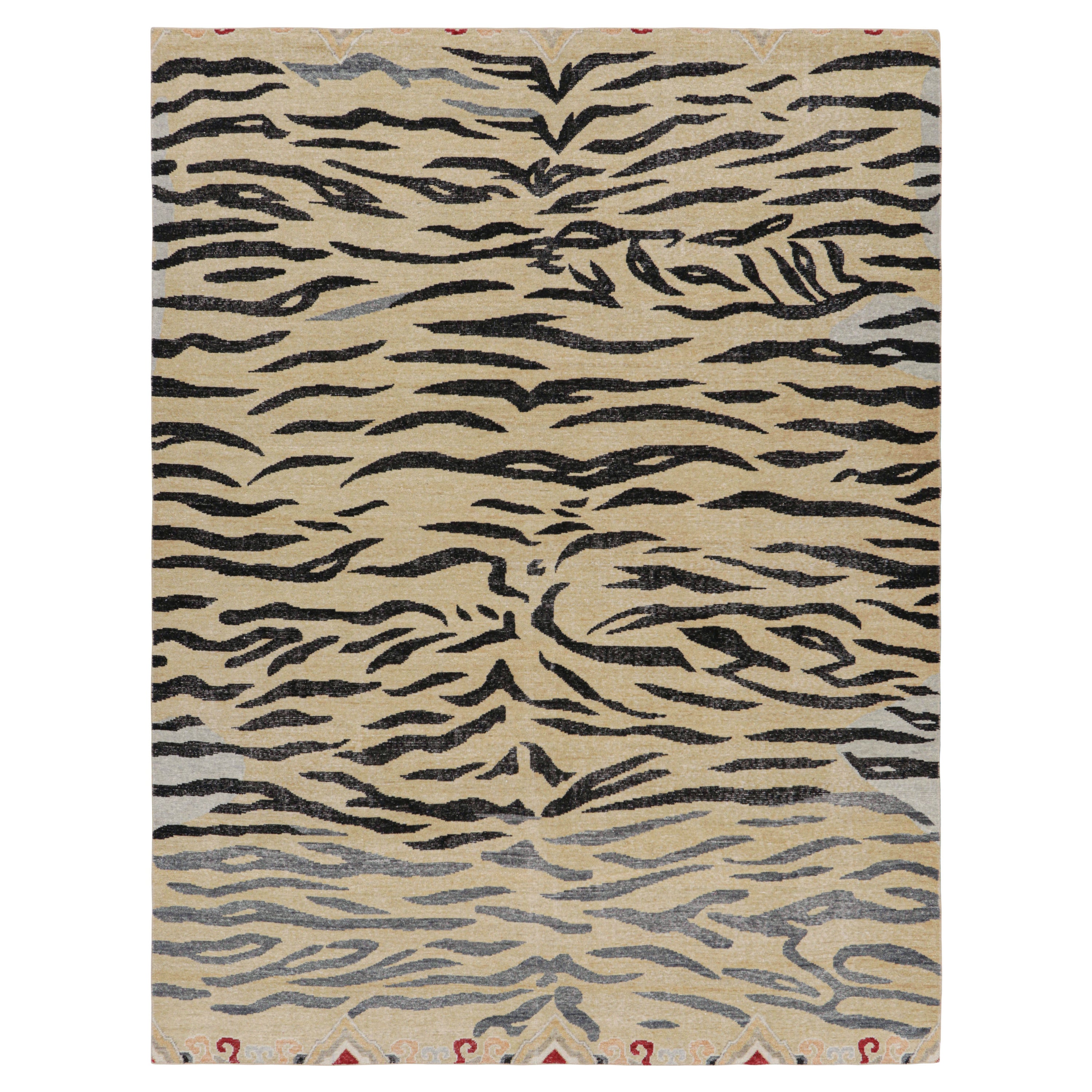 Rug & Kilim’s Distressed Tiger Skin Rug in Gold, Black and Gray Tones For Sale