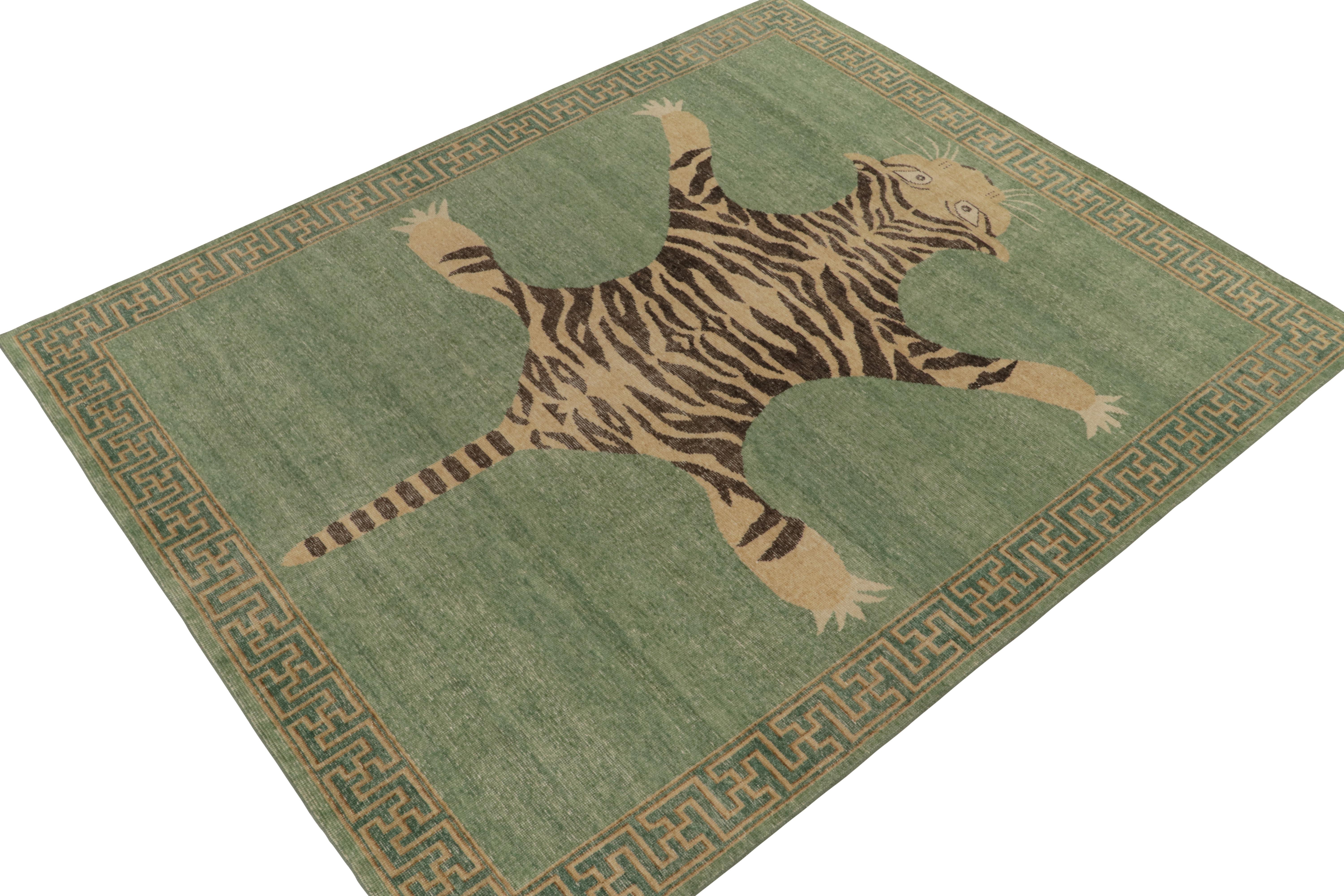 De la collection Homage de Rug & Kilim, une pièce de 8x10 en laine nouée à la main qui reprend le tapis en peau de tigre dans toute sa gloire. 

Sur le design : Cette pièce s'inspire d'anciens tapis indiens en peau de tigre à la présence royale et