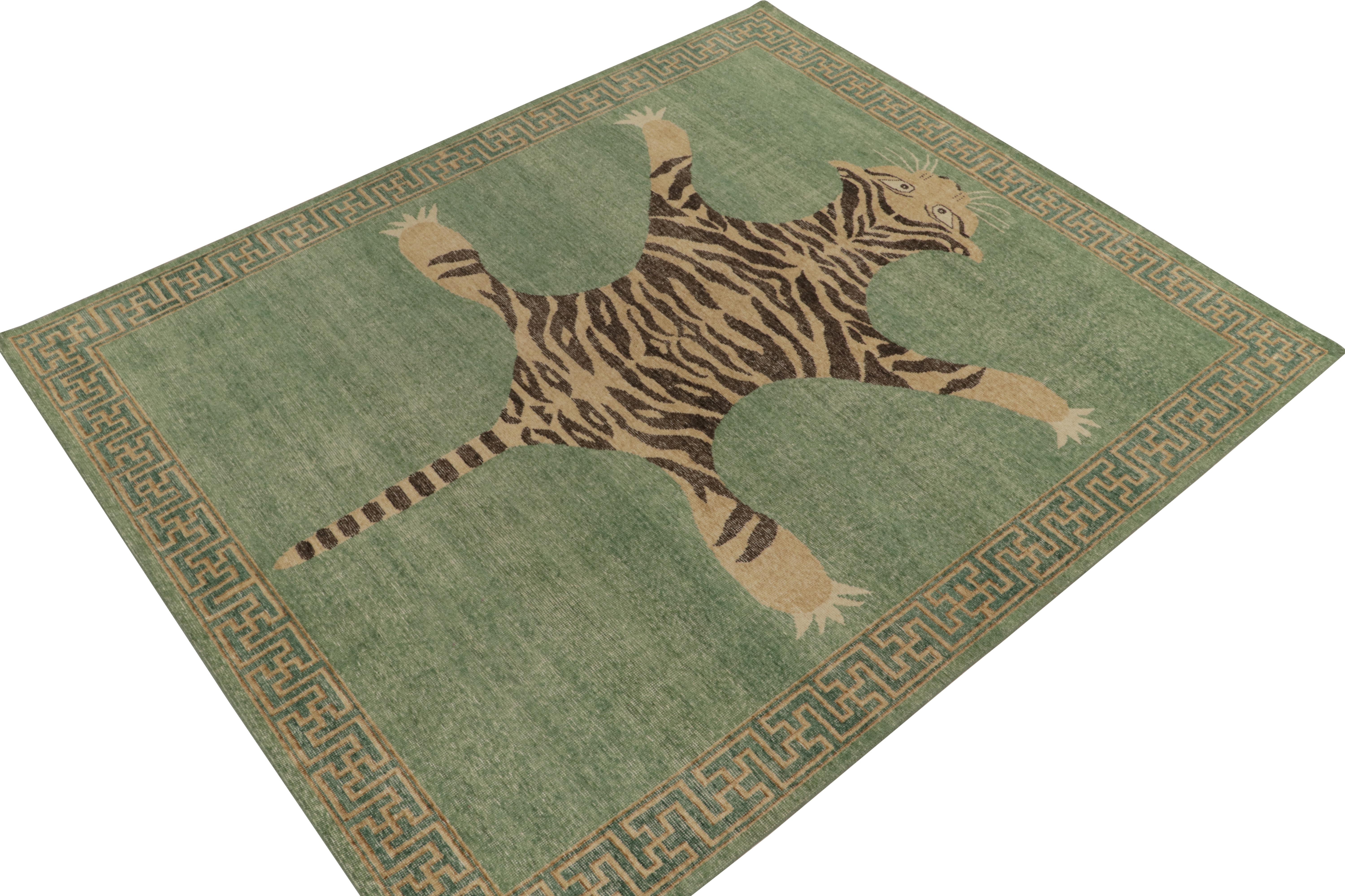 From Rug & Kilim’s Homage Collection, an 8x10 hand-knotted wool piece recapturing the time-honored Tiger skin rug in its glory. 

On the Design: This piece is inspired by antique Indian Tiger-skin rugs of the most regal, inviting presence. Tones