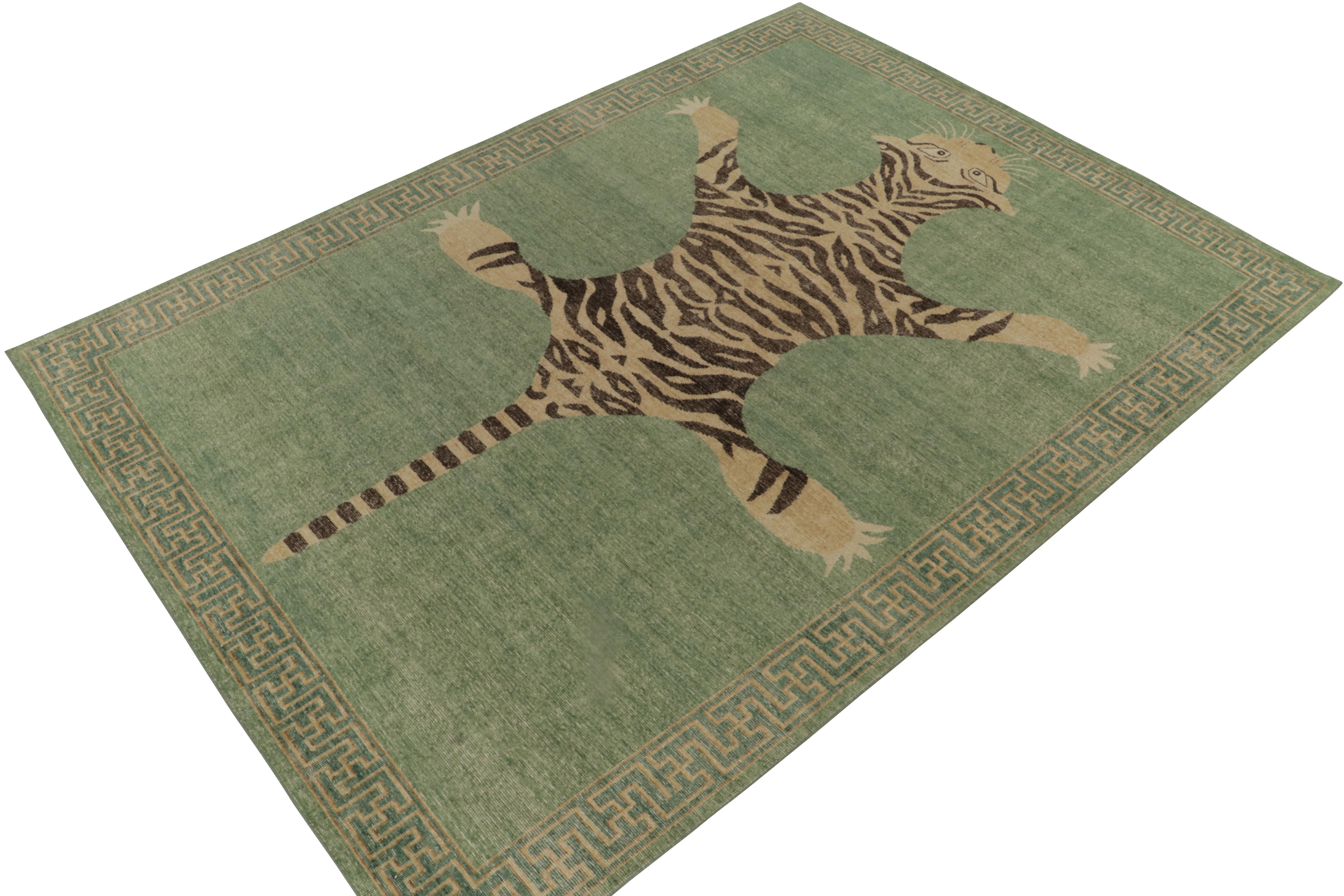 From Rug & Kilim’s Homage Collection, a 9x12 hand-knotted wool piece recapturing the time-honored Tiger skin rug in its glory. 

On the Design: This piece is inspired by antique Indian Tiger-skin rugs of the most regal, inviting presence. Tones of