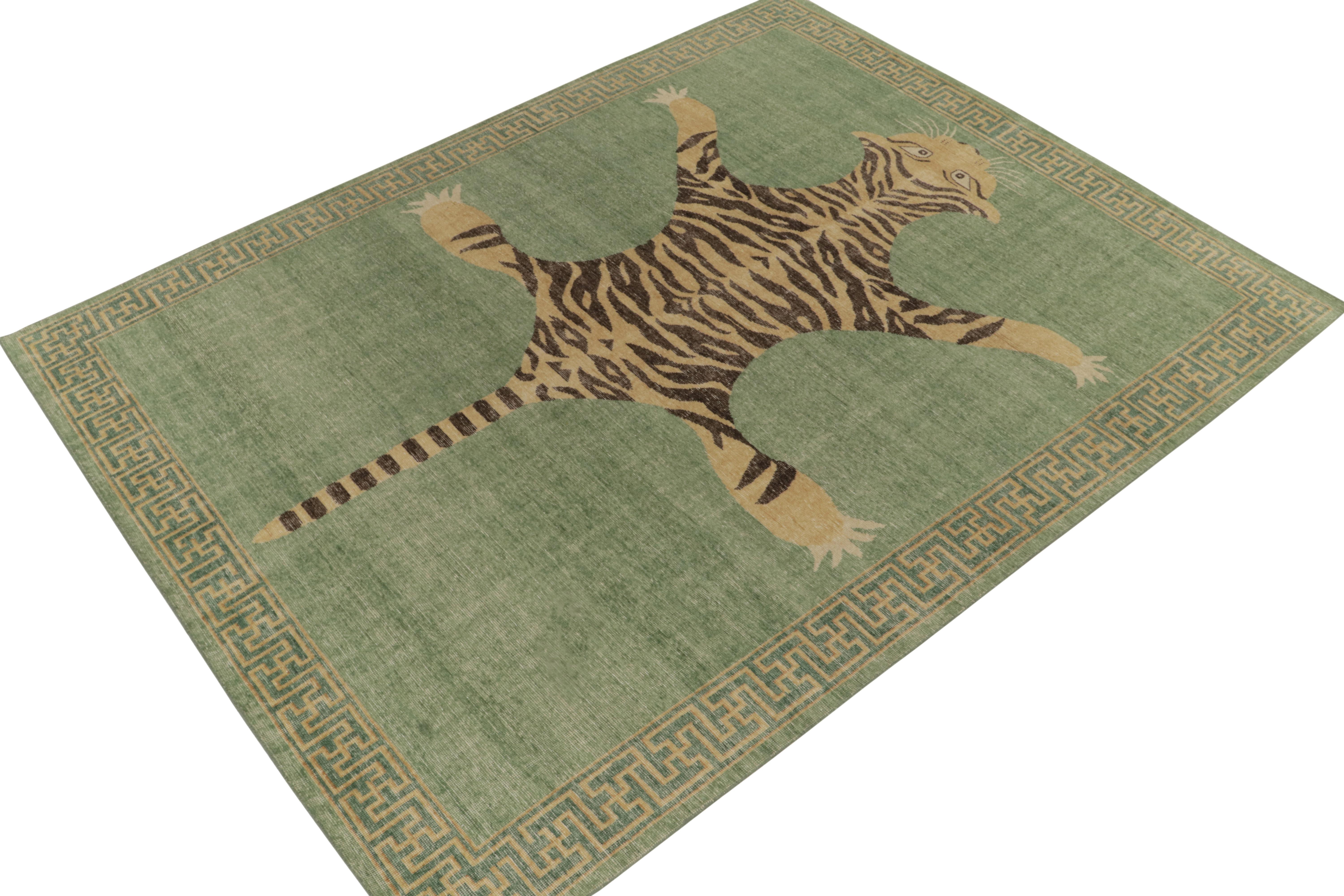De la collection Homage de Rug & Kilim, une pièce en laine nouée à la main de 9x12 qui reprend le tapis en peau de tigre dans toute sa gloire. 

Sur le design : Cette pièce s'inspire d'anciens tapis indiens en peau de tigre à la présence royale et