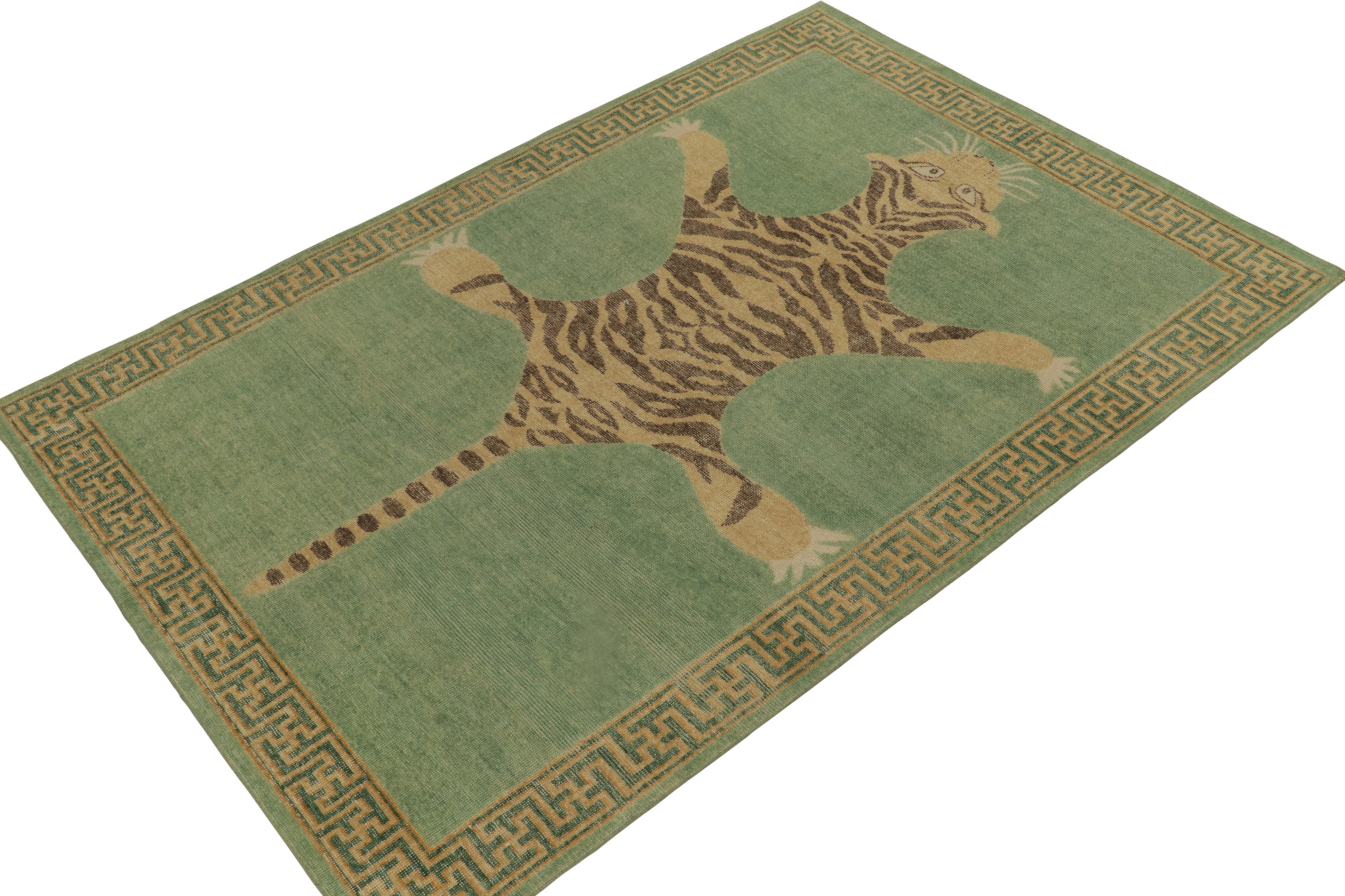 From Rug & Kilim’s Homage Collection, a 6x9 hand-knotted wool piece recapturing the time-honored Tiger skin rug in its glory. 

On the Design: This piece is inspired by antique Indian Tiger-skin rugs of the most regal, inviting presence. Tones of