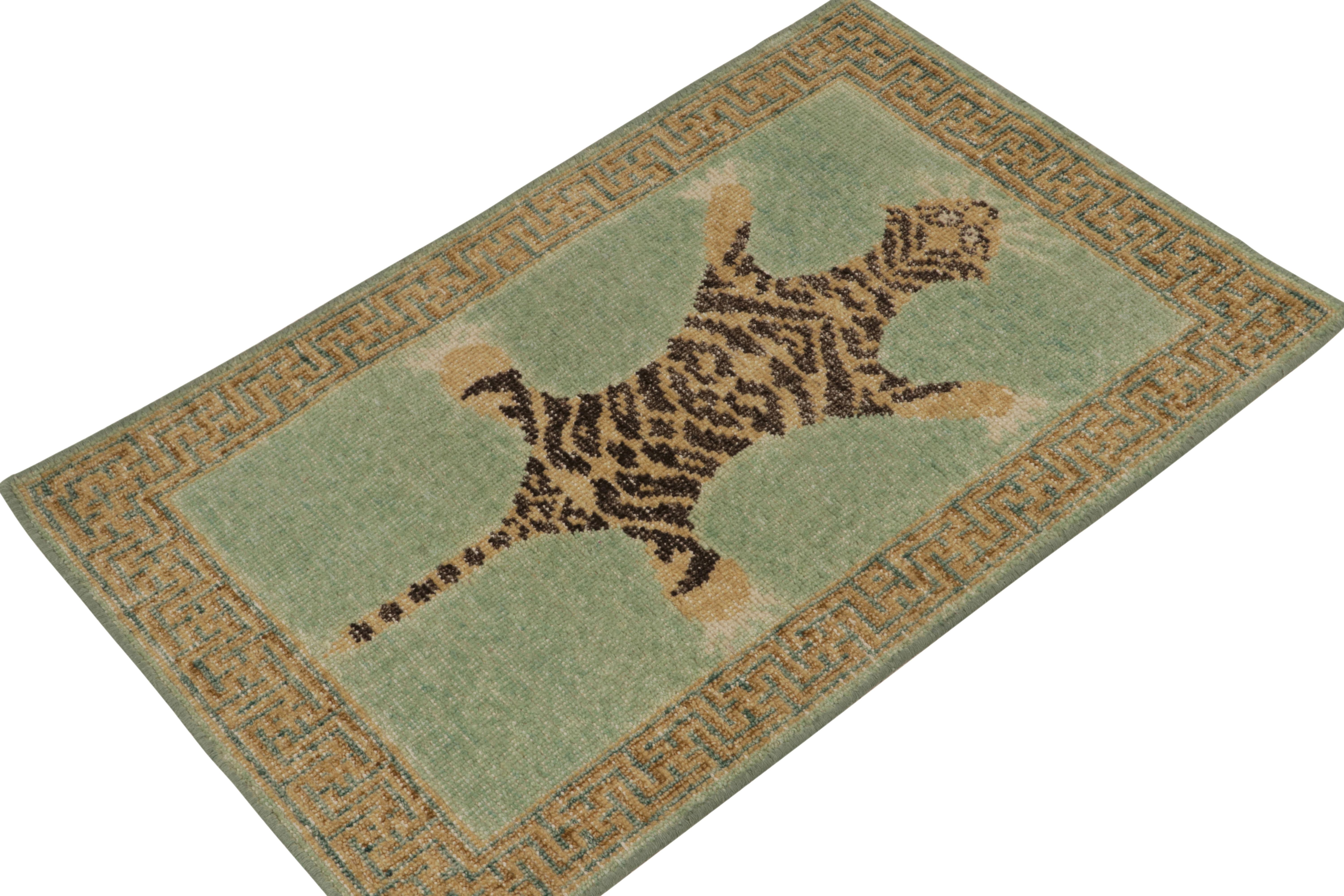 From Rug & Kilim’s Homage Collection, a 2x3 hand-knotted wool piece recapturing the time-honored Tiger skin rug in its glory. 

On the Design: This piece is inspired by antique Indian Tiger-skin rugs of the most regal, inviting presence. Tones of