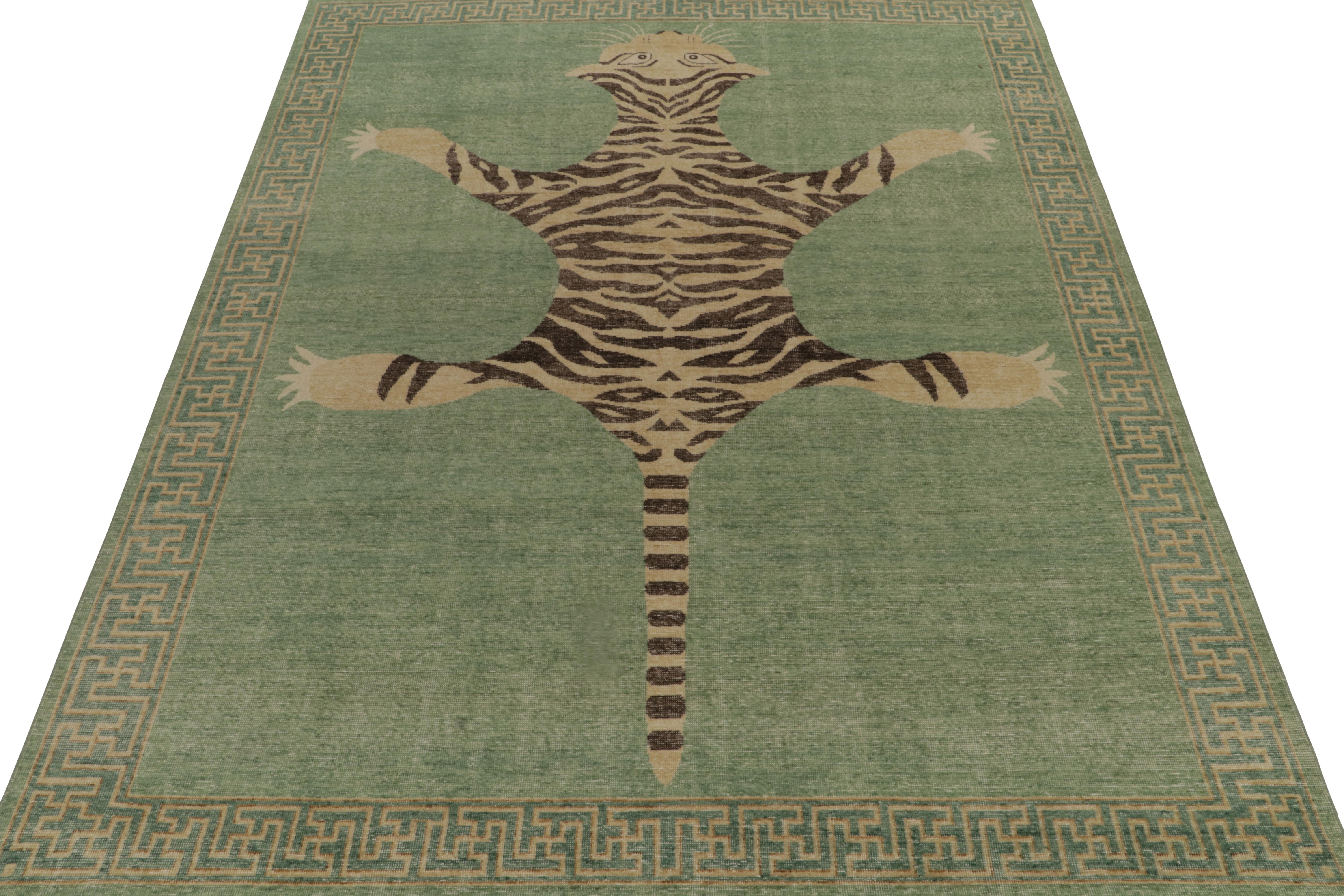 Other Rug & Kilim’s Distressed Tiger Skin Style Rug in Green, Beige & Black Pictorial For Sale
