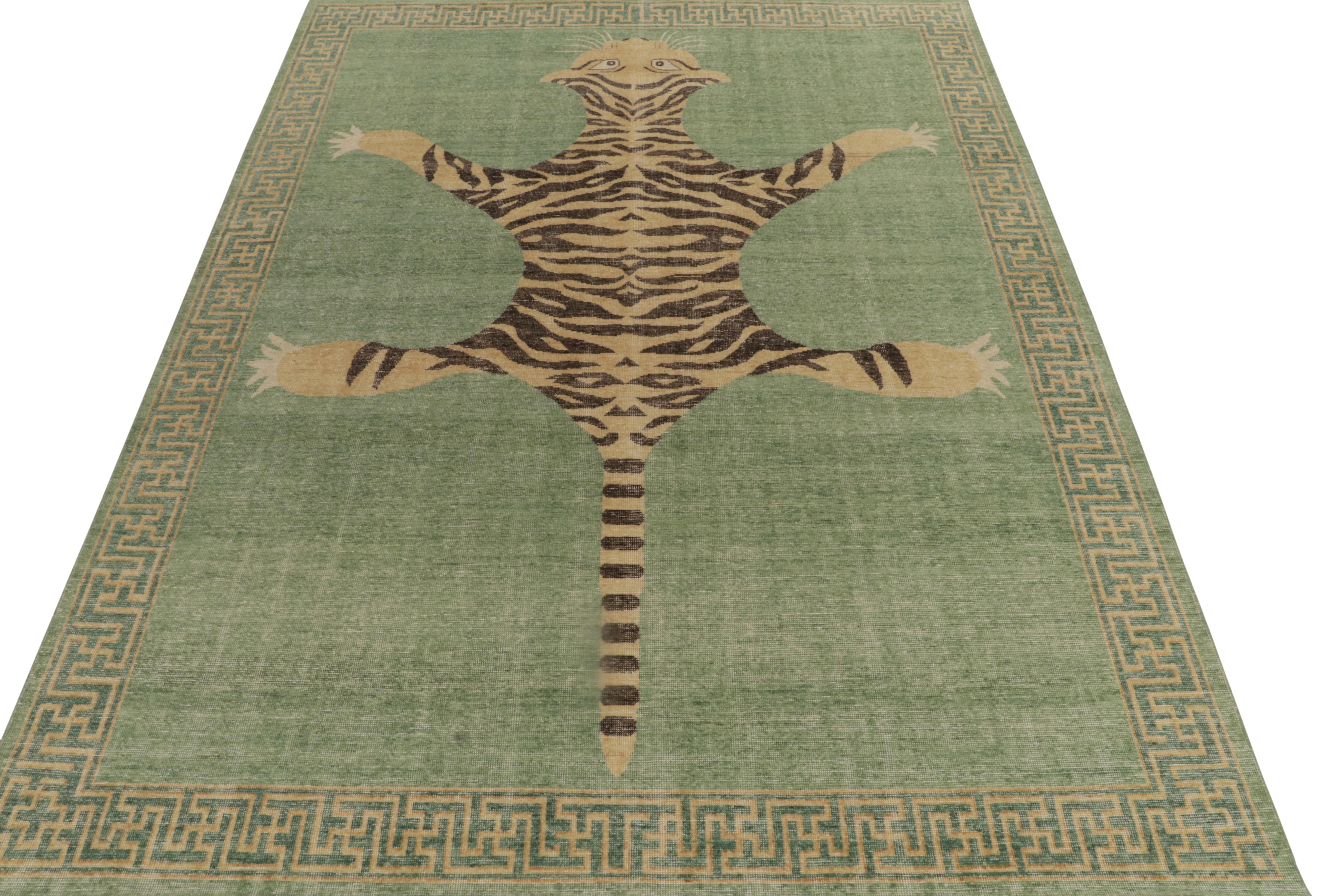 Other Rug & Kilim’s Distressed Tiger Skin Style Rug in Green, Beige & Black Pictorial For Sale