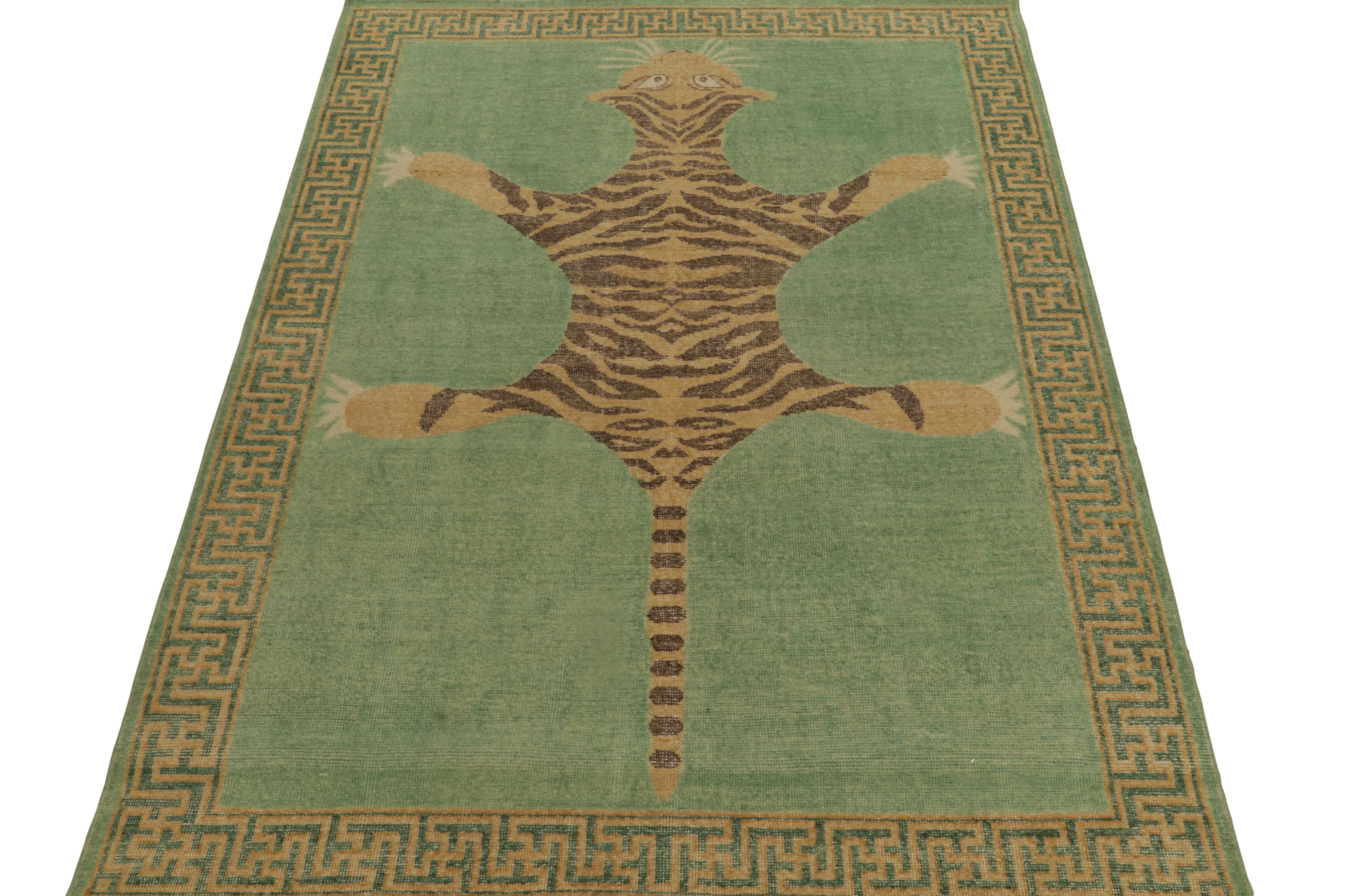 Other Rug & Kilim’s Distressed Tiger Skin Style Rug in Green, Beige & Black Pictorial  For Sale