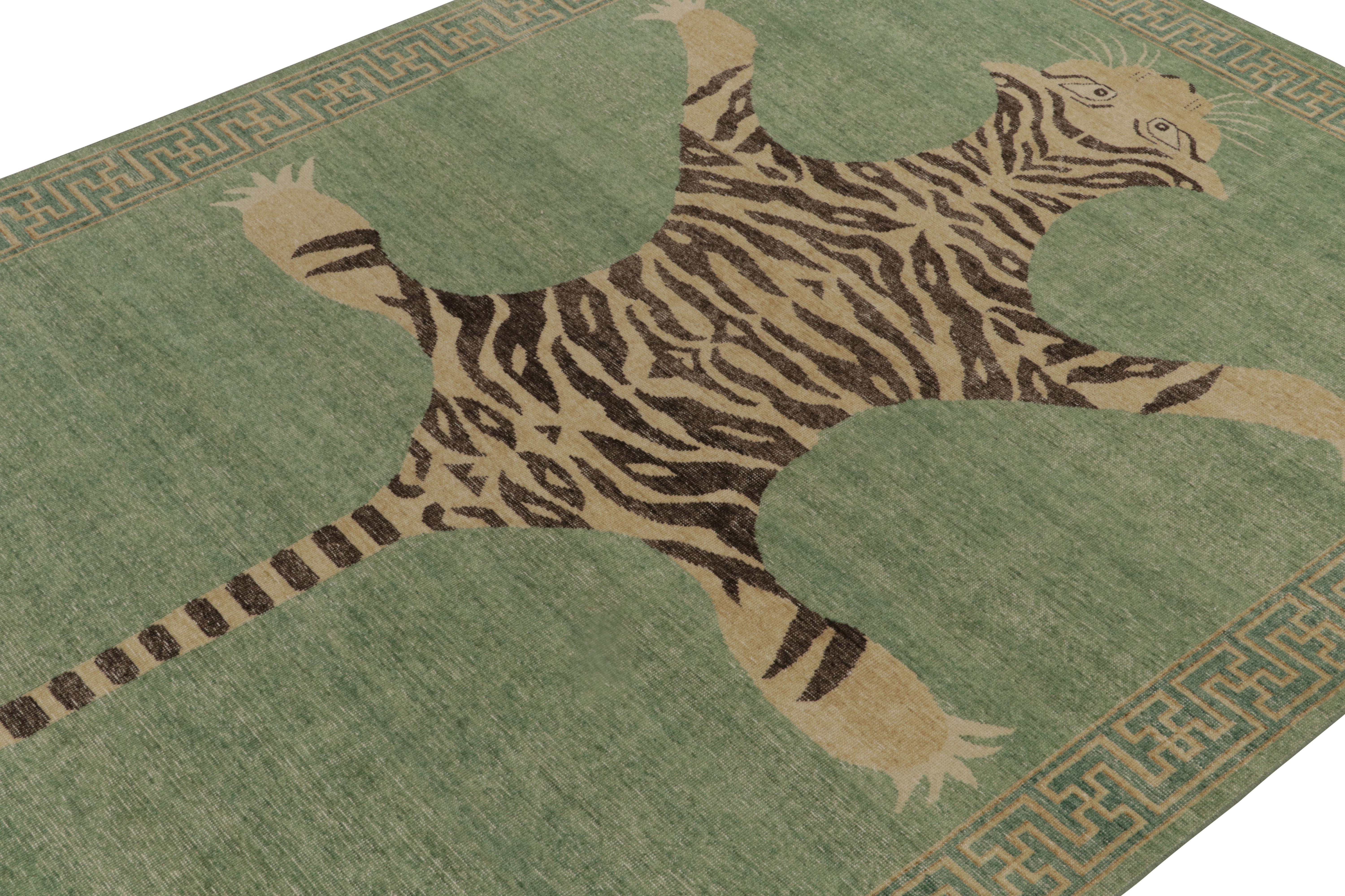 Indien Tapis &amp; Kilims - Tapis de style tigre en peau de tigre vieillie en vert, beige et noir - Pictorial en vente