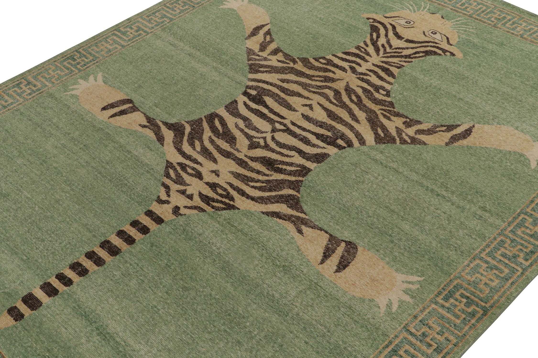 Indian Rug & Kilim’s Distressed Tiger Skin Style Rug in Green, Beige & Black Pictorial For Sale