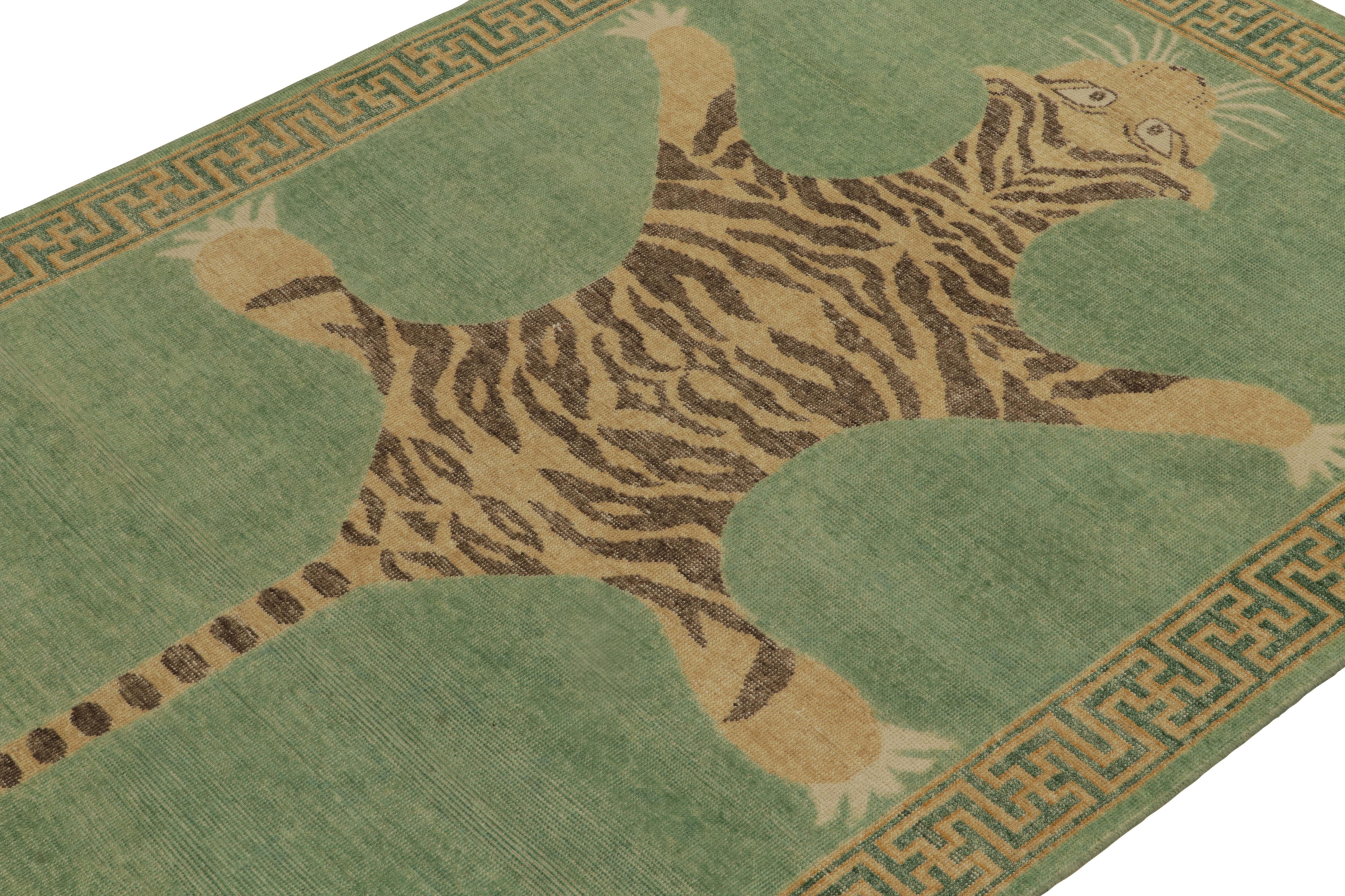Indian Rug & Kilim’s Distressed Tiger Skin Style Rug in Green, Beige & Black Pictorial For Sale