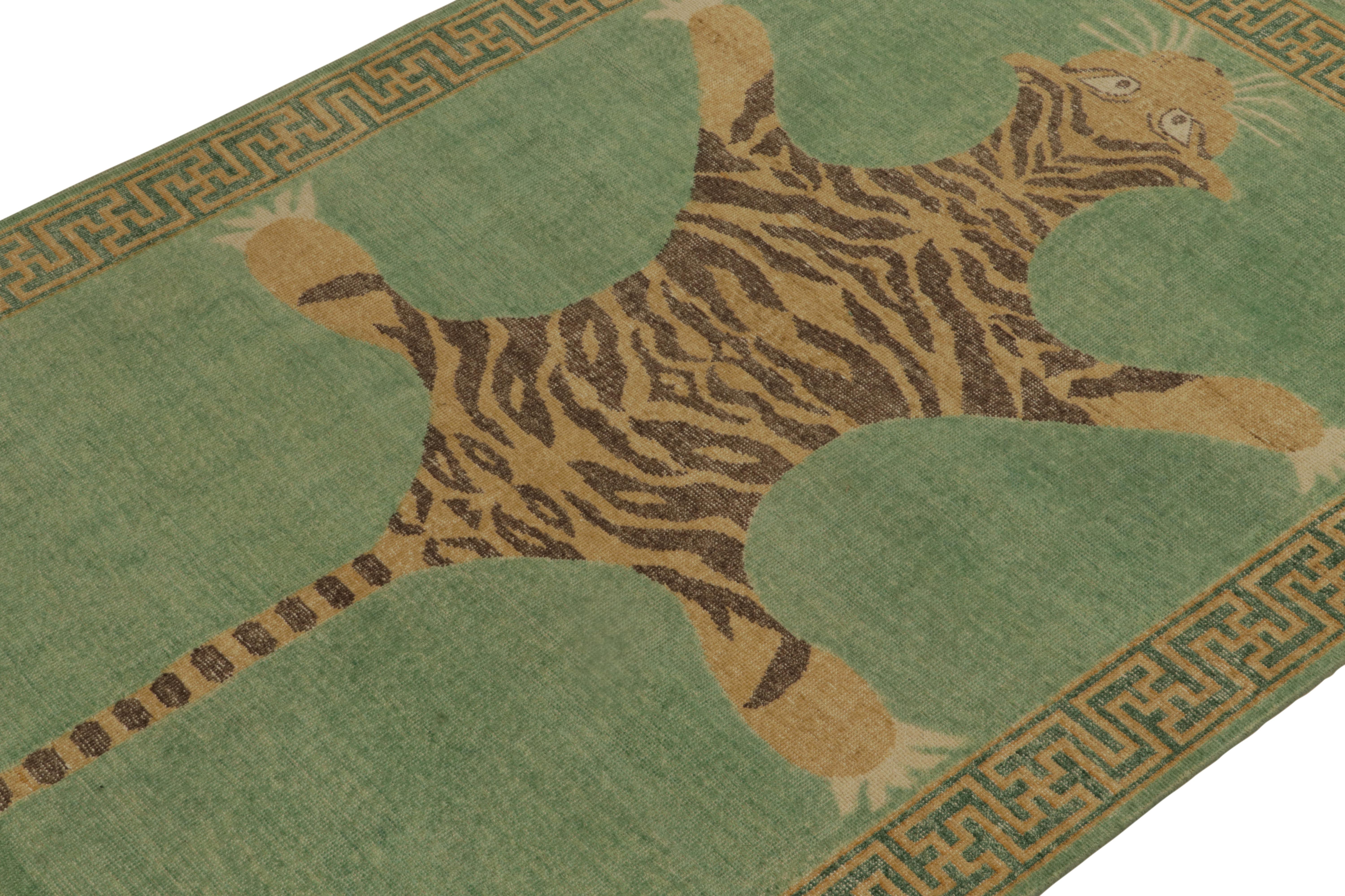Indian Rug & Kilim’s Distressed Tiger Skin Style Rug in Green, Beige & Black Pictorial  For Sale