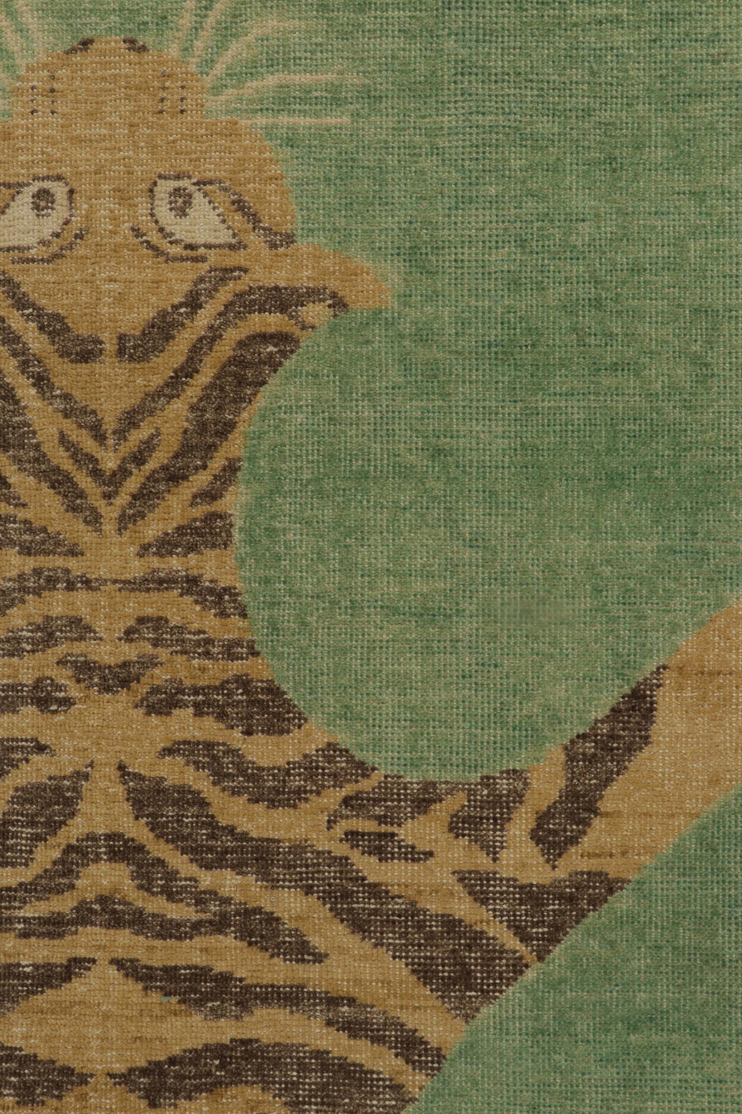 Hand-Knotted Rug & Kilim’s Distressed Tiger Skin Style Rug in Green, Beige & Black Pictorial  For Sale