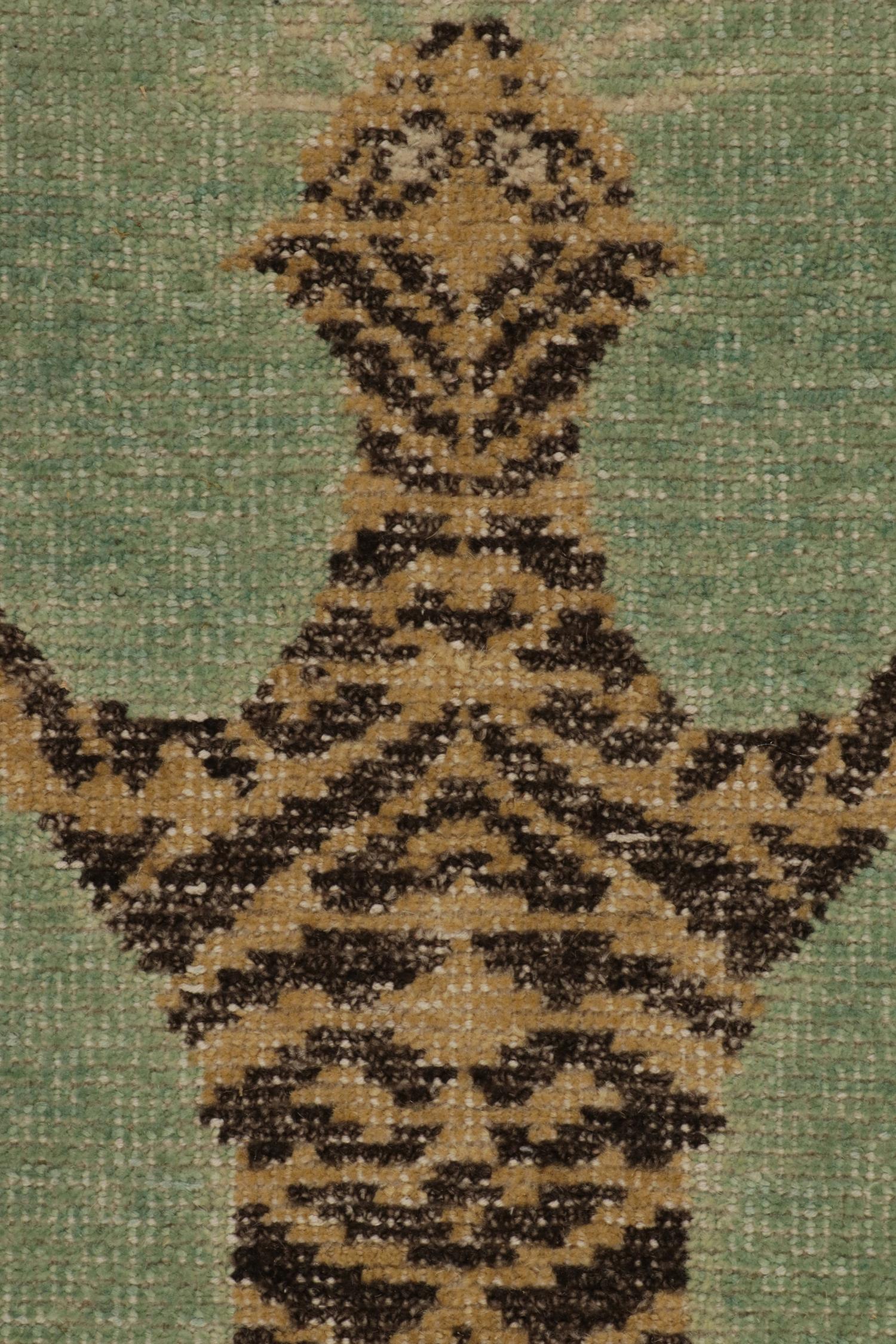 Hand-Knotted Rug & Kilim’s Distressed Tiger Skin Style Rug in Green, Beige & Black Pictorial