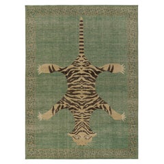 Rug & Kilim’s Distressed Tiger Skin Style Rug in Green, Beige & Black Pictorial