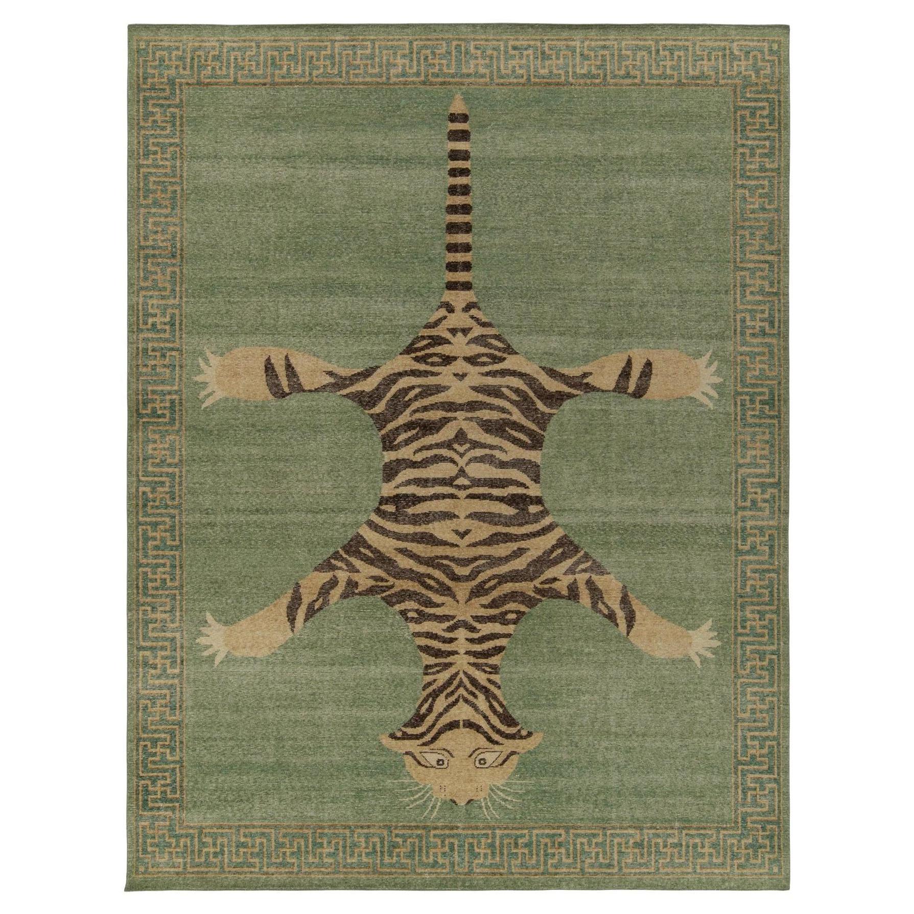 Rug & Kilim’s Distressed Tiger Skin Style Rug in Green, Beige & Black Pictorial For Sale