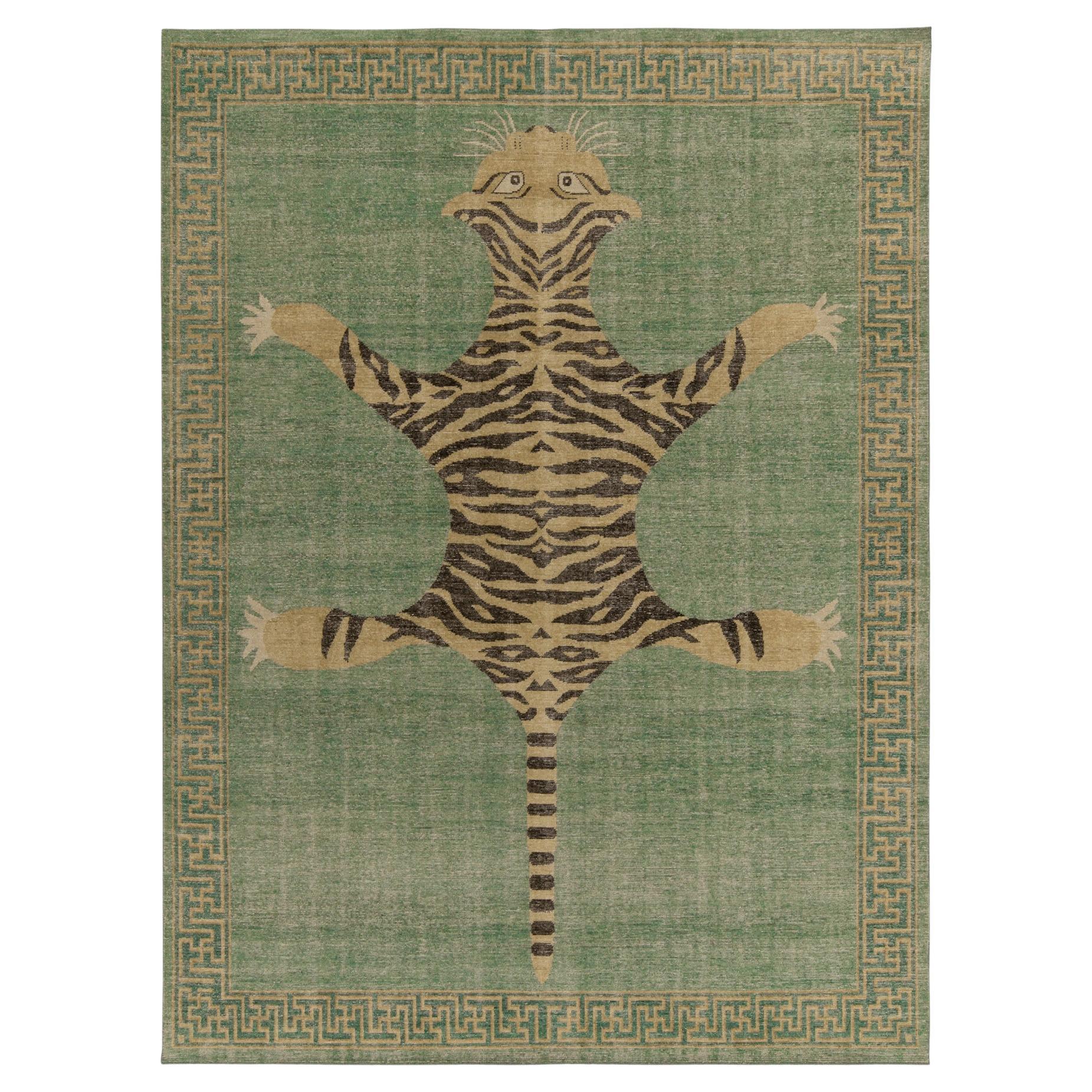 Rug & Kilim’s Distressed Tiger Skin Style Rug in Green, Beige & Black Pictorial