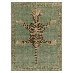 Rug & Kilim’s Distressed Tiger Skin Style Rug in Green, Beige & Black Pictorial