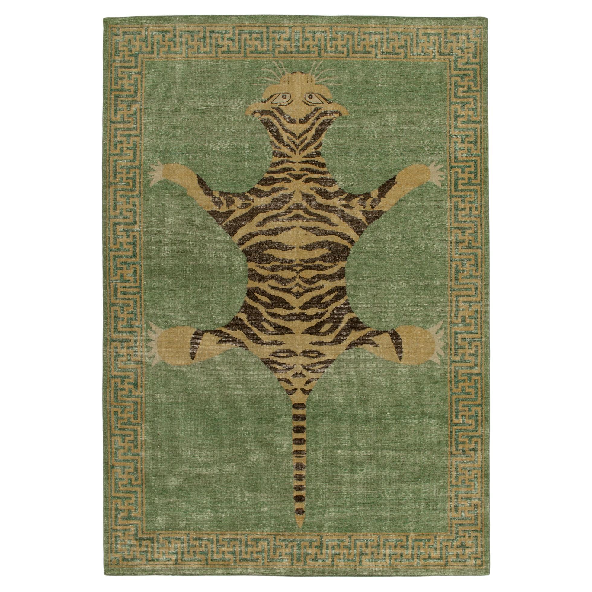 Rug & Kilim’s Distressed Tiger Skin Style Rug in Green, Beige & Black Pictorial For Sale