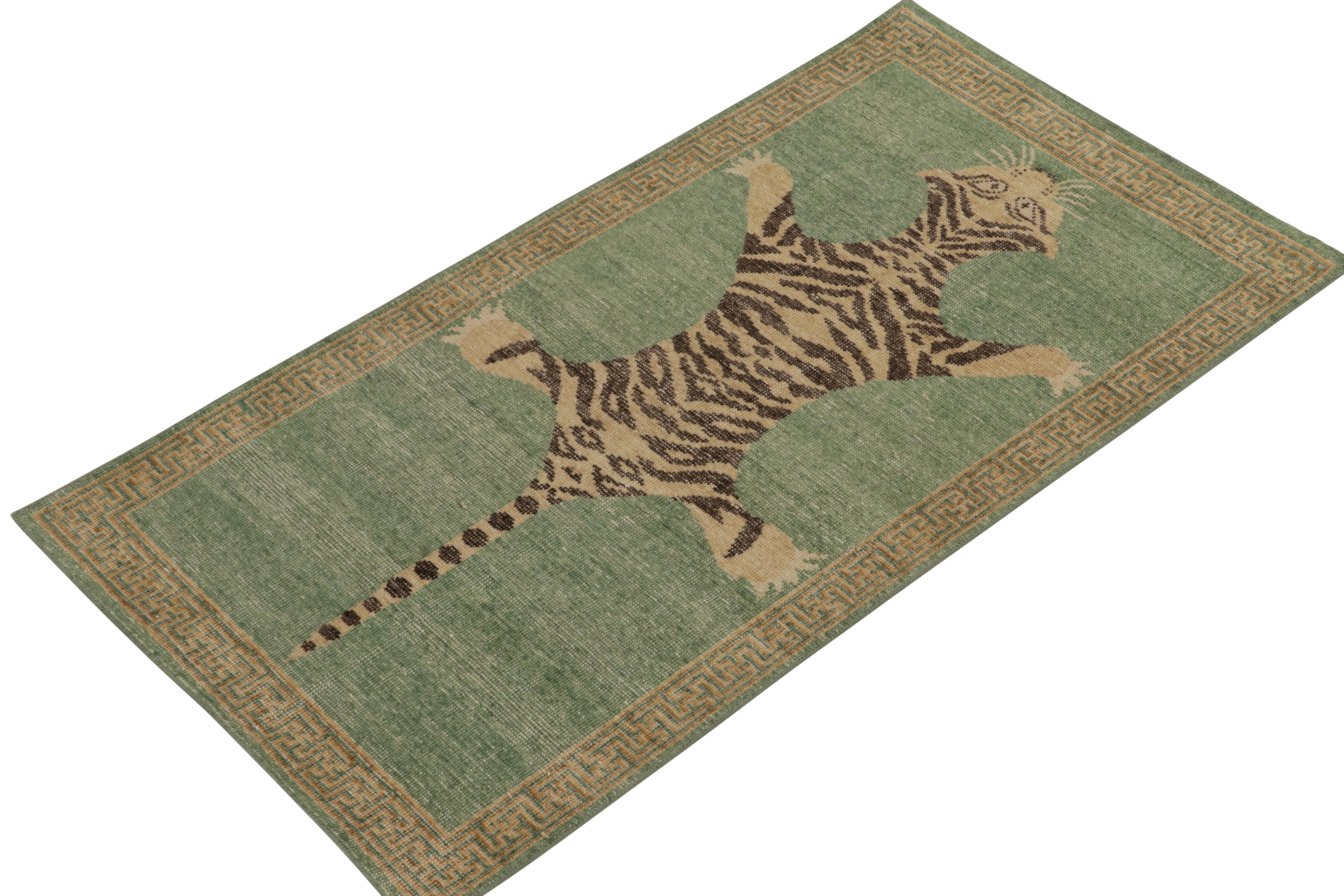 From Rug & Kilim’s Homage Collection, a 3x6 hand-knotted wool piece recapturing the time-honored Tiger skin rug in its glory. 

On the design: This piece is inspired by antique Indian Tiger-skin rugs of the most regal, inviting presence. Tones of
