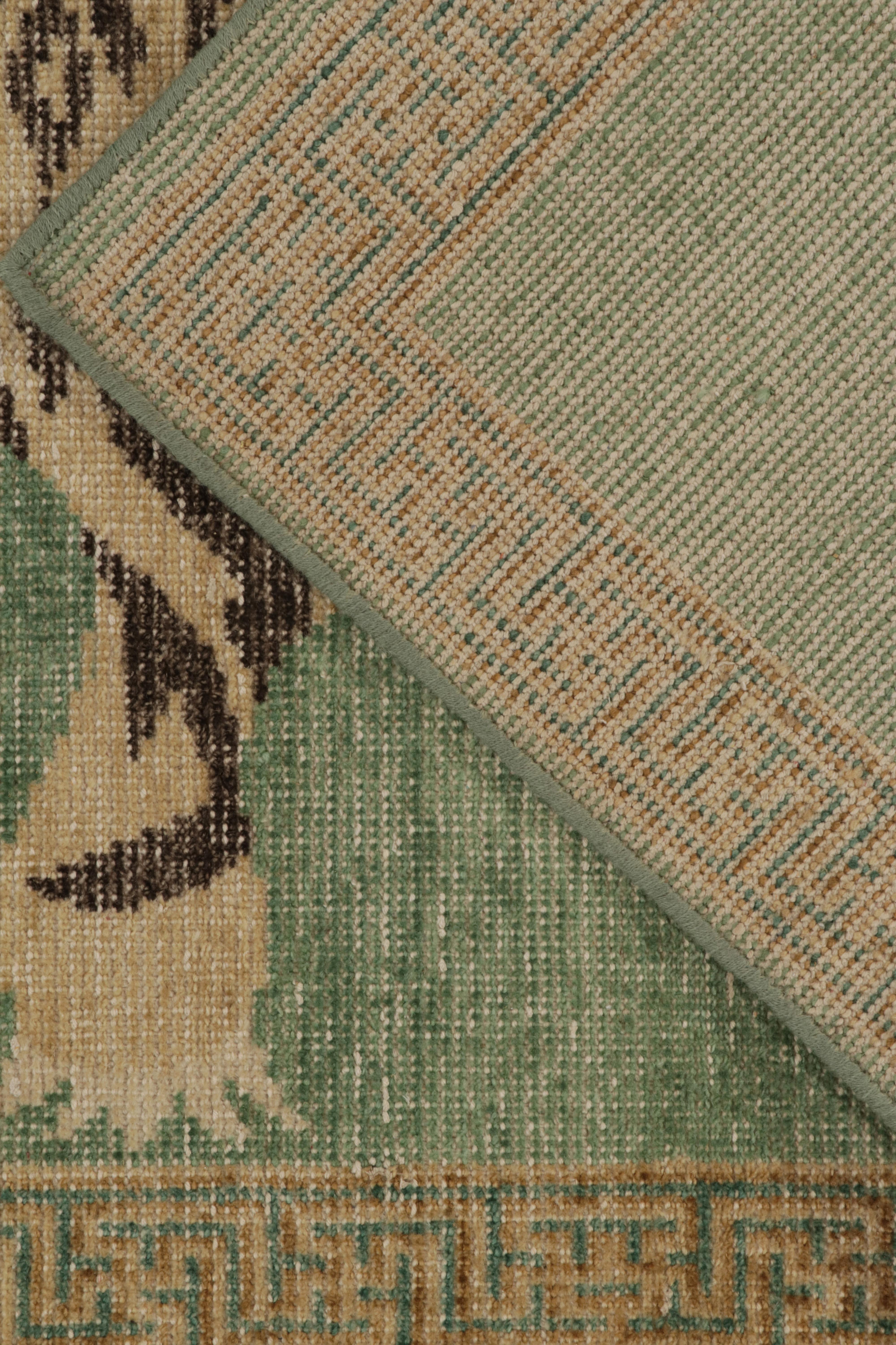 Hand-Knotted Rug & Kilim’s Distressed Tiger Skin Style Runner in Green, Beige & Black For Sale
