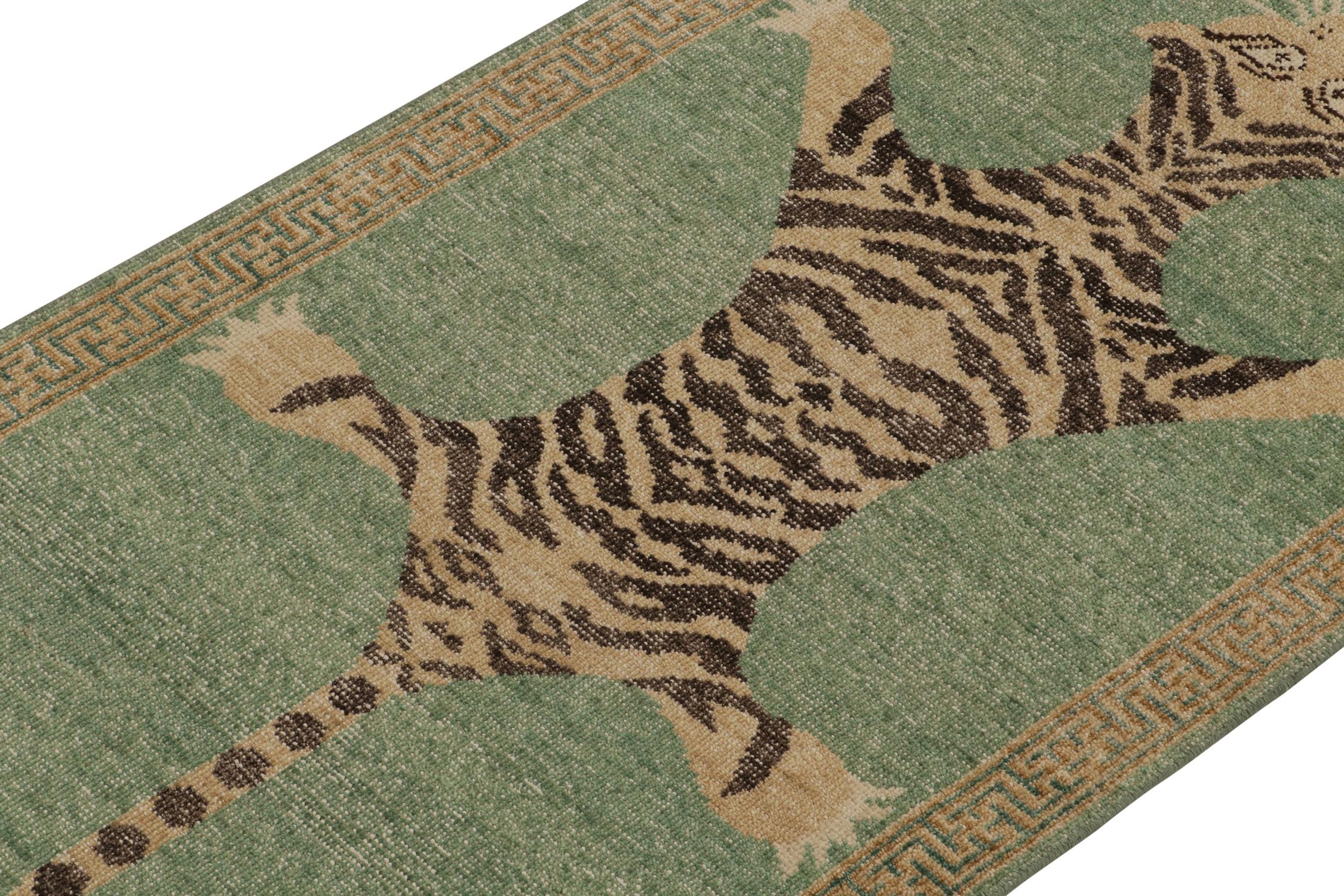 Other Rug & Kilim’s Distressed Tiger Skin Style Runner in Green, Beige & Black Pictori For Sale