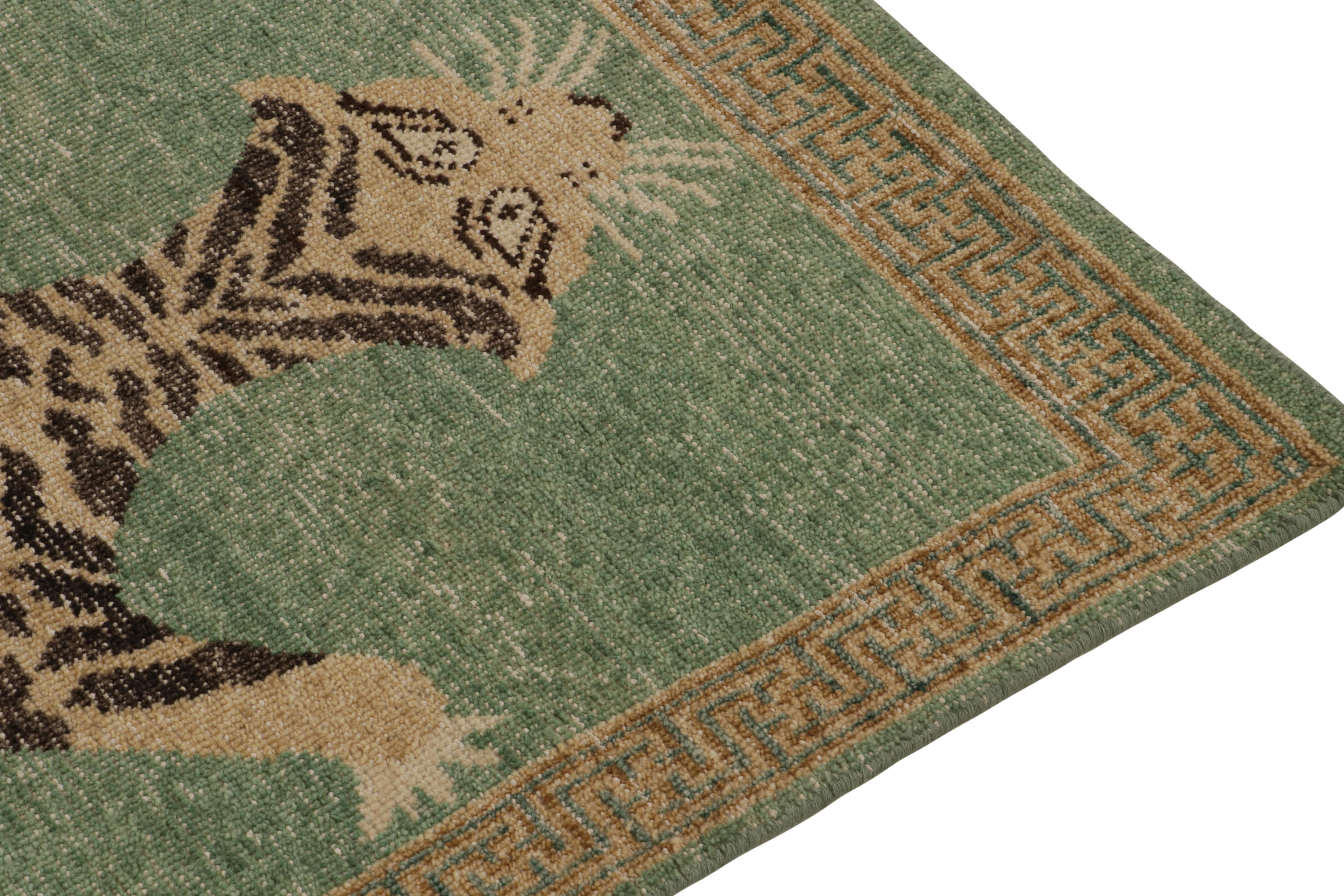 Indian Rug & Kilim’s Distressed Tiger Skin Style Runner in Green, Beige & Black Pictori For Sale